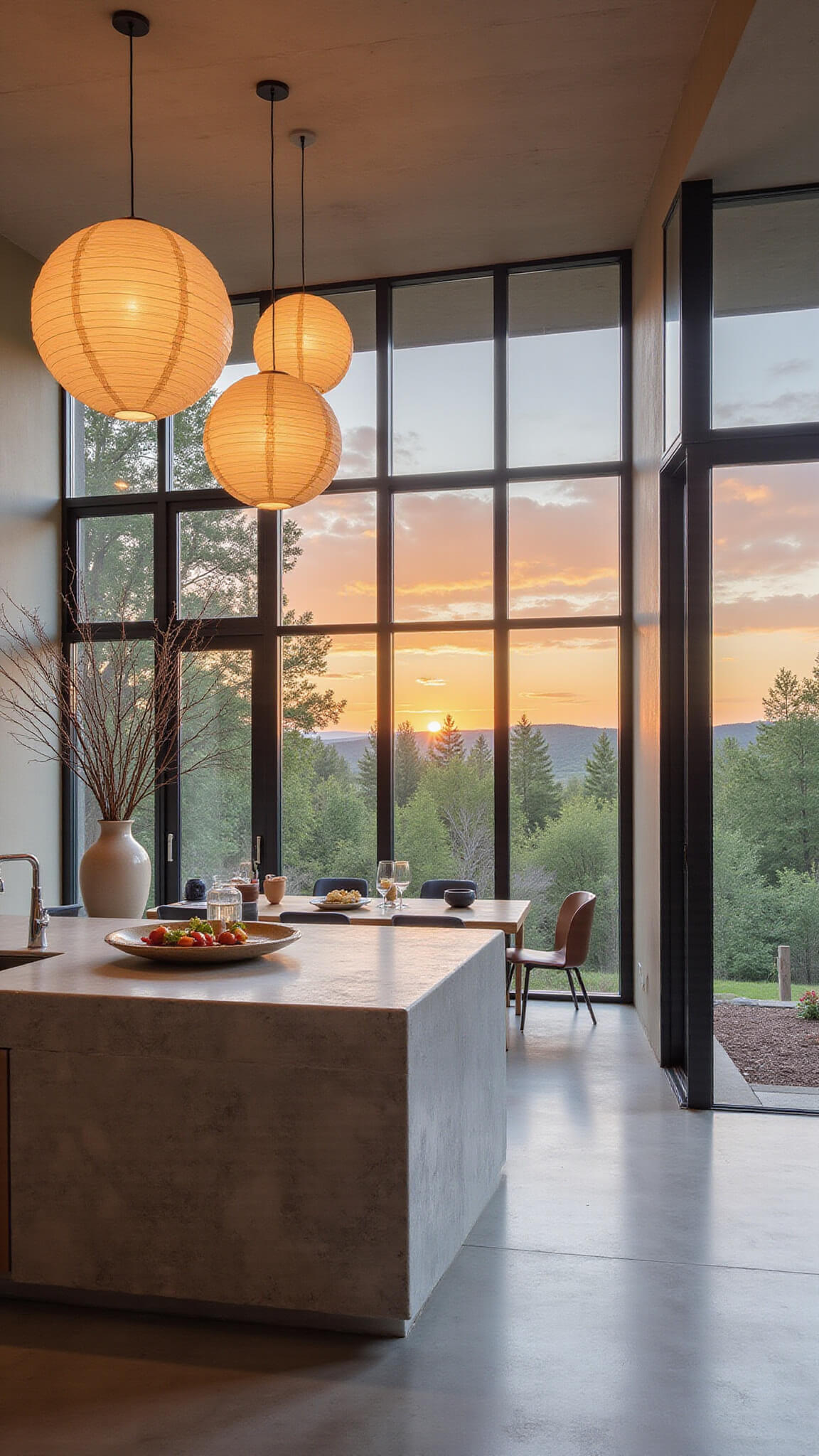 Wide-angle sunset view of modern great room kitchen with stone island, sunken dining area, floor-to-ceiling forest-facing windows, paper lantern pendant lights, and minimal decor in warm concrete, pale oak, and deep indigo tones.