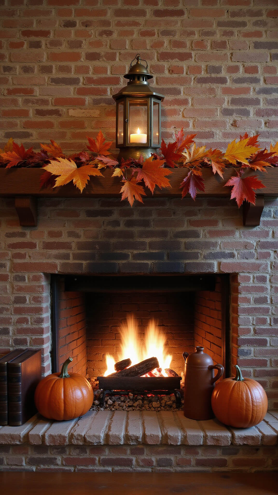 Intimate craftsman-style family room at twilight with brick fireplace, wooden mantel, vintage brass lantern, preserved maple leaf garland, ceramic pumpkins, and antique leather-bound books in moody ambient lighting.