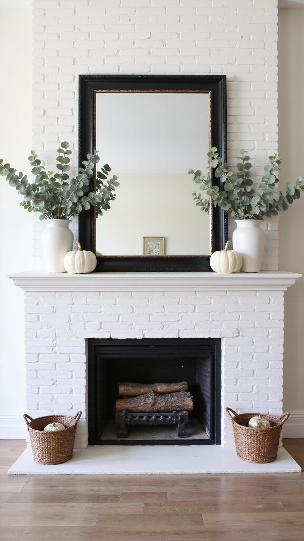 Modern farmhouse great room with white brick fireplace, oversized black mirror, ceramic pumpkins, eucalyptus accents, woven baskets with birch logs, and soft morning light.