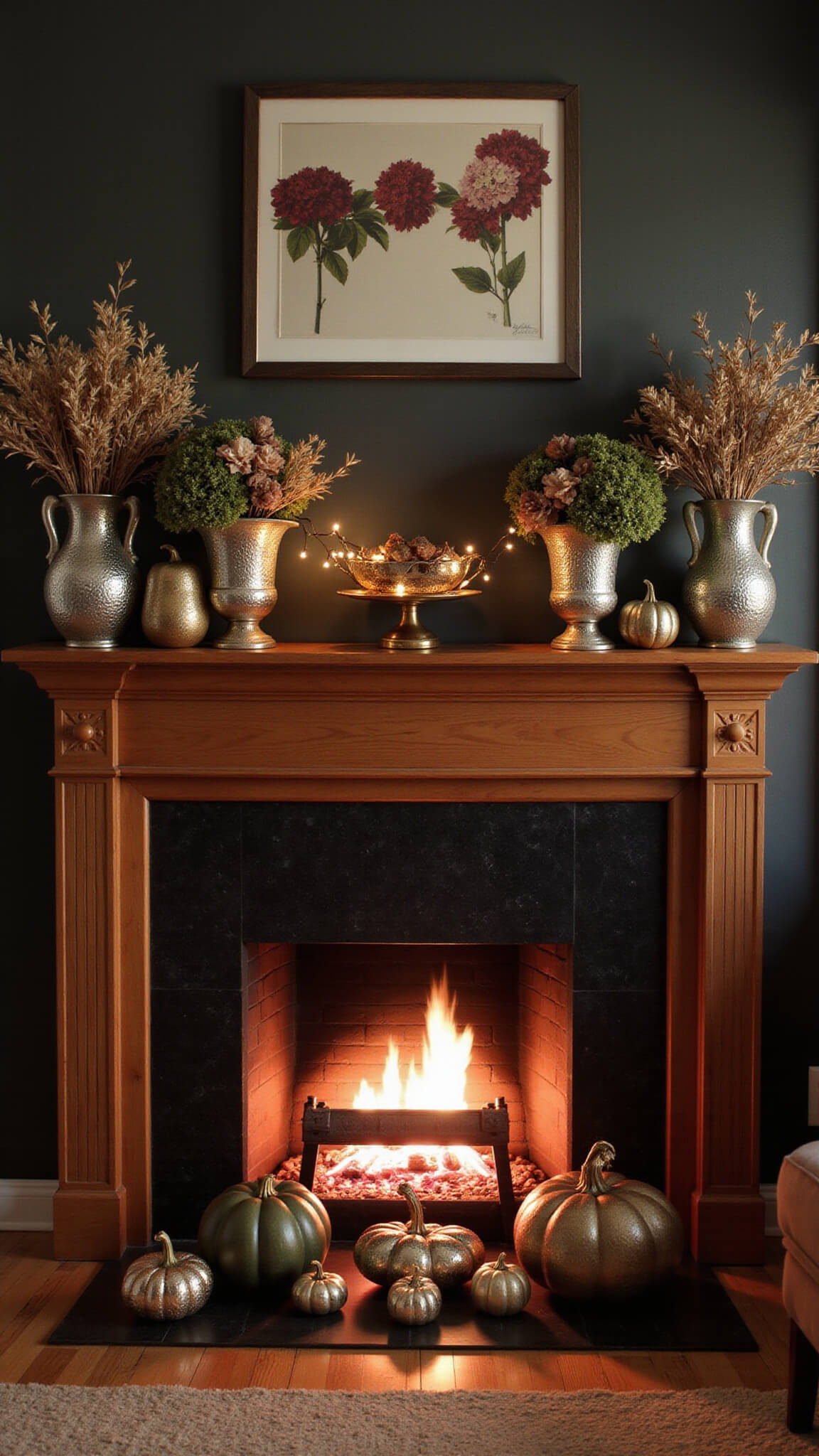 Cozy 10x12 den at dusk with cherry wood mantel, mercury glass vessels, dried hydrangeas, metallic pumpkins, and copper fairy lights against dark walls.