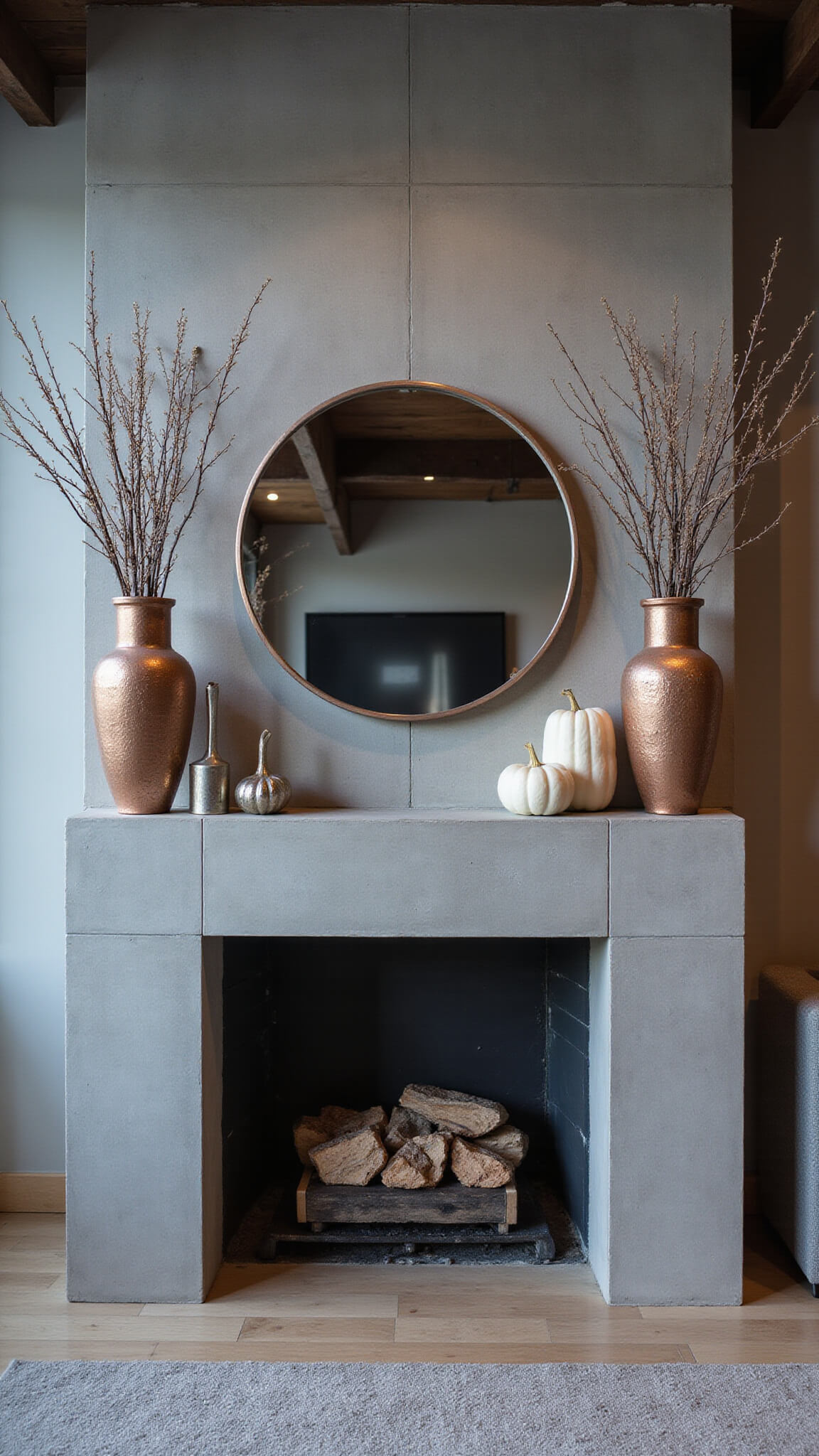 Contemporary loft with concrete fireplace, oversized branches, white pumpkins, and metallic decor under blue hour lighting.