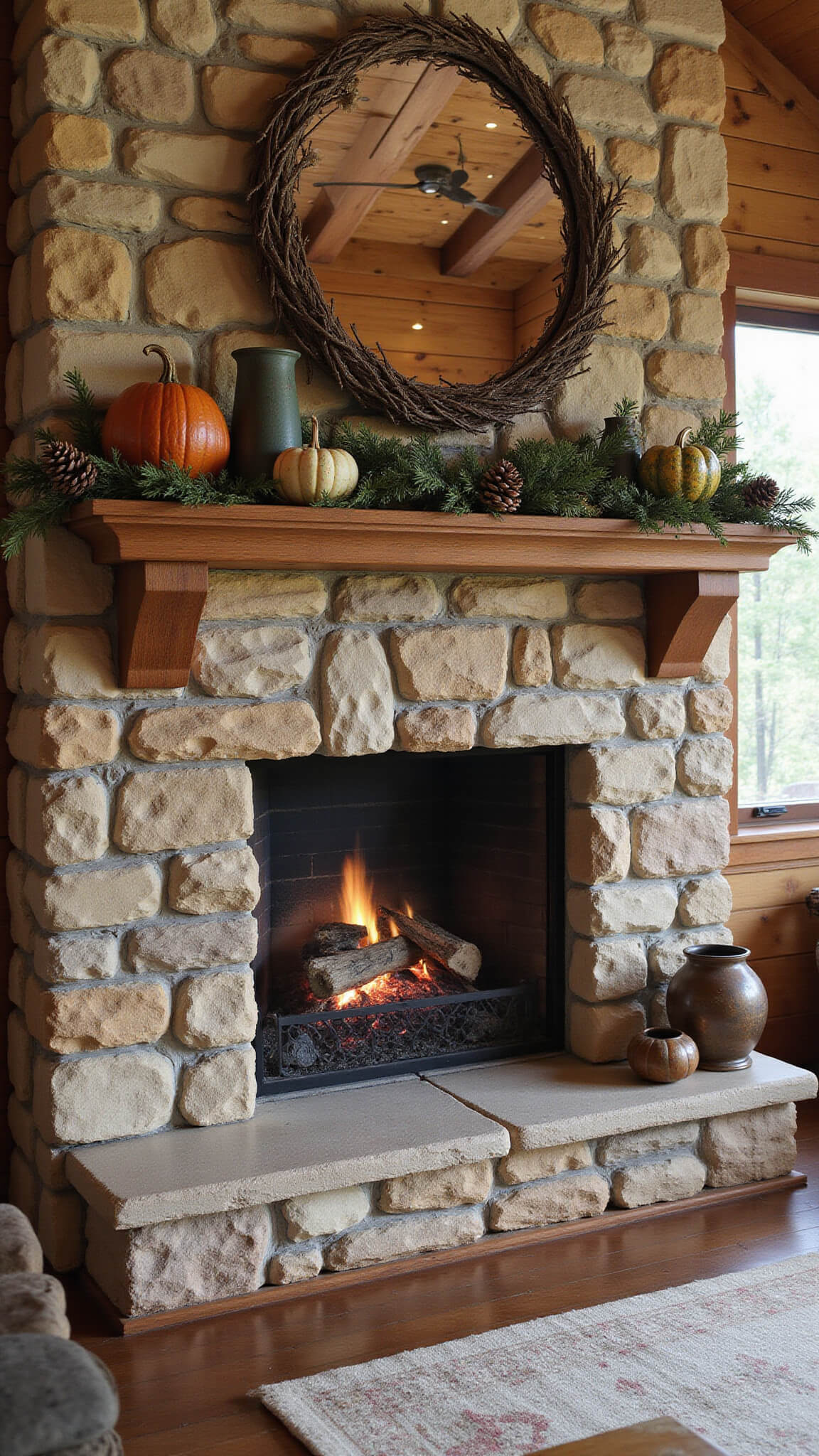 Rustic mountain cabin great room with large stone fireplace, timber mantel decorated with branches, pine cones, heirloom pumpkins, handwoven textiles, and vintage copper vessels, bathed in sunrise light and fire glow.