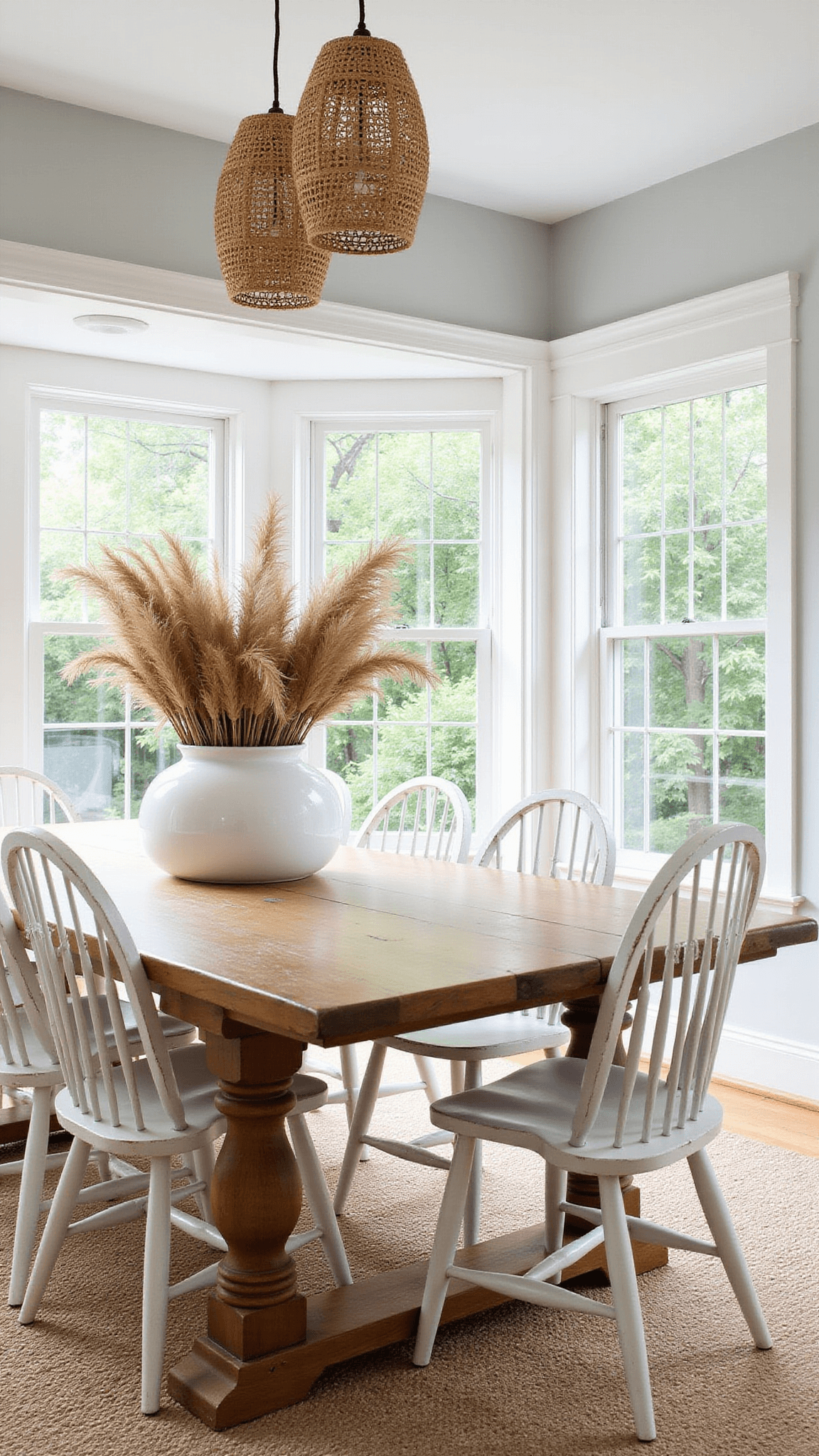 Low-angle view of sunlit dining room with reclaimed teak table, whitewashed Windsor chairs, and pampas grass centerpiece, backed by large windows overlooking a garden.