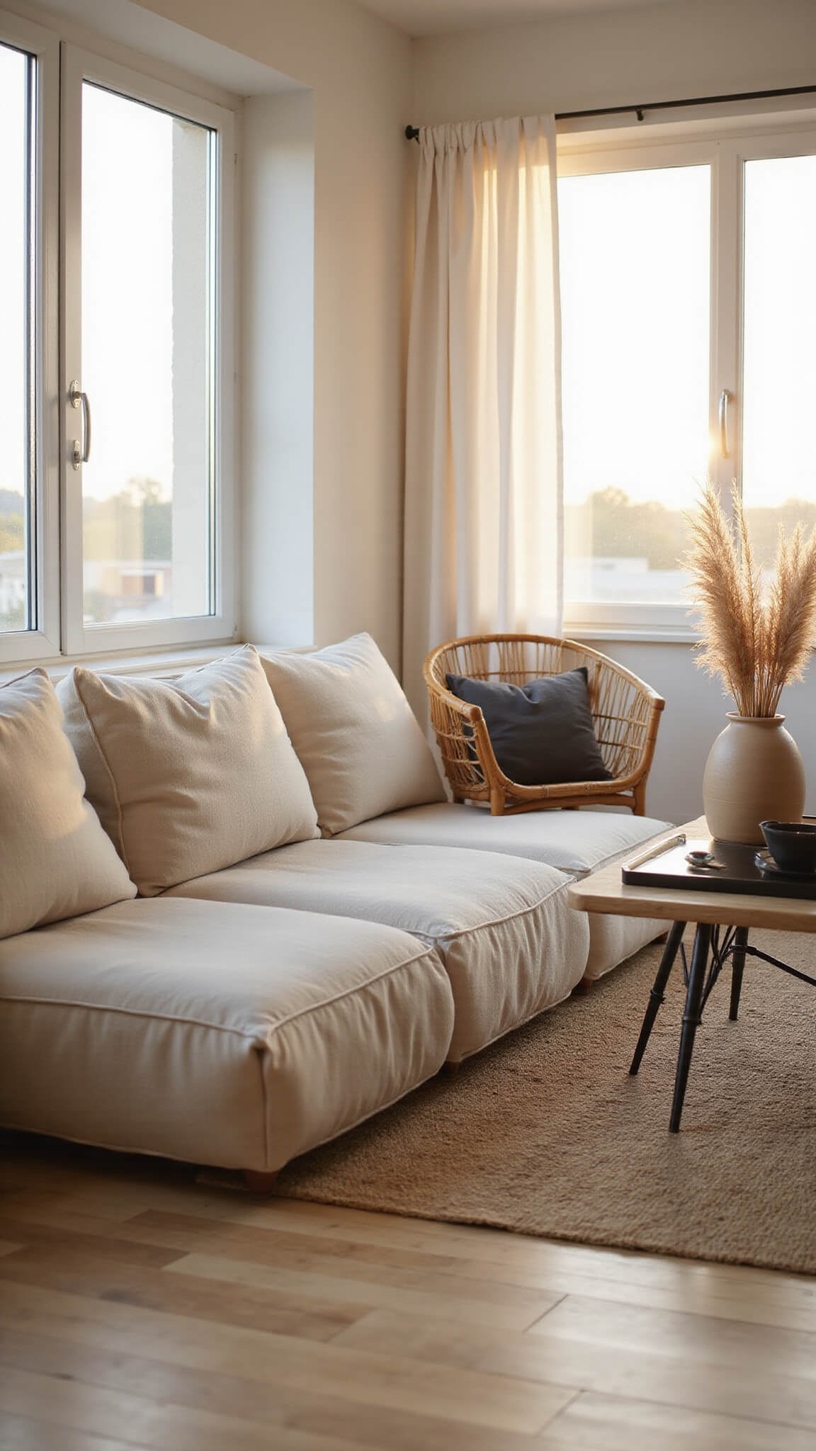 Japandi-style living room with beige linen sofa, bamboo chair, jute rug, and floor-to-ceiling windows filtering golden hour light.