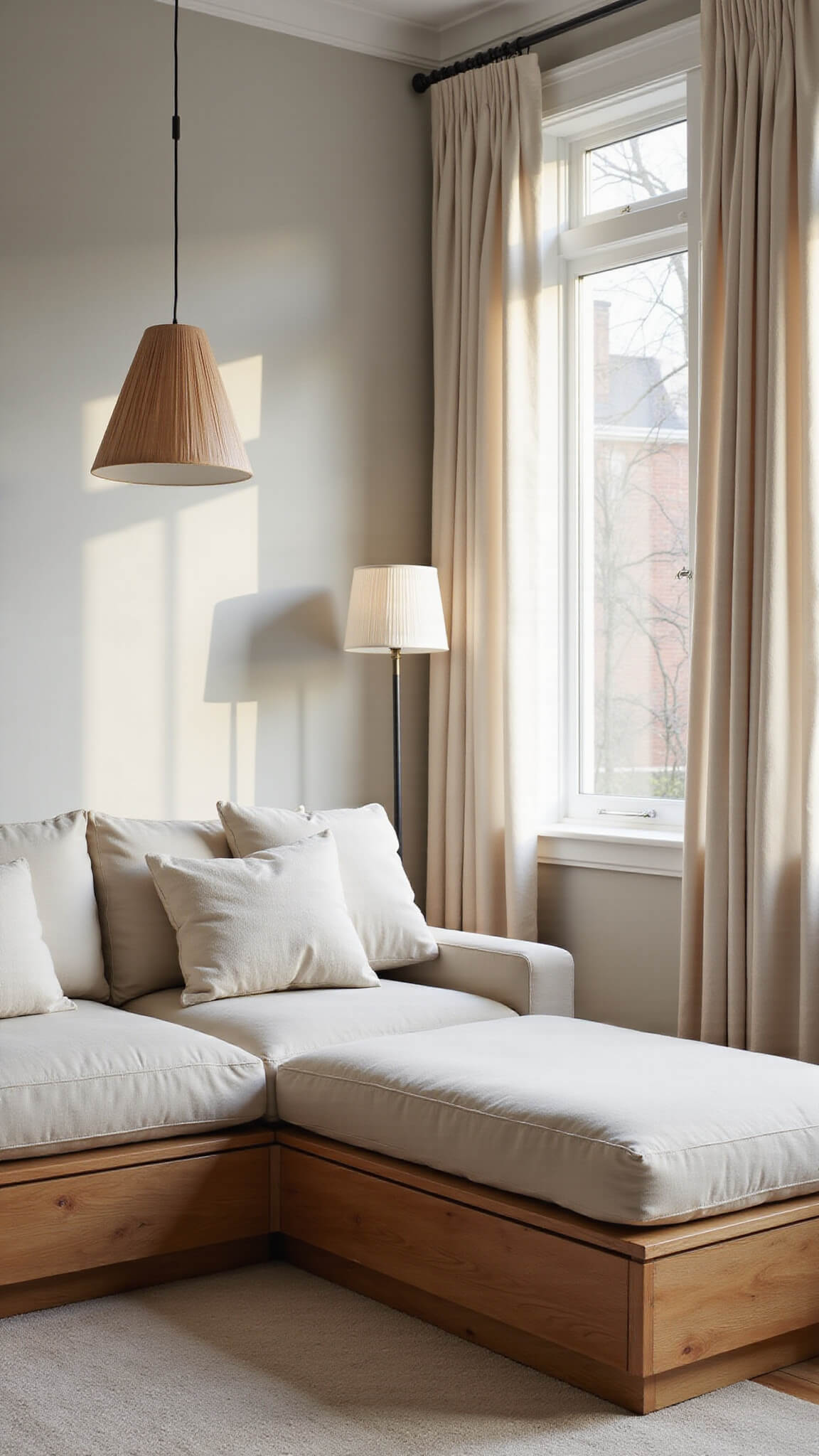Serene living room at golden hour with oak platform sofa, ivory cushions, tall east-facing windows, sheer curtains, and warm ambient lighting.