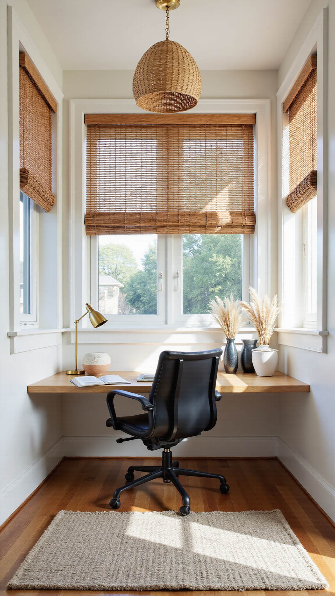 Cozy 10x12ft home office with floating oak desk, black leather wishbone chair, morning light filtering through bamboo blinds, and soft textures in a cream and charcoal palette.
