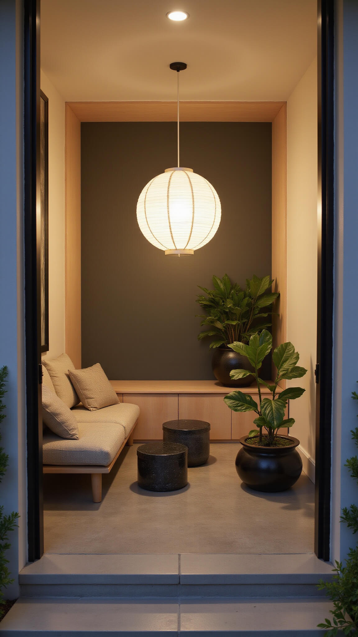 Japandi-style living room with cream walls, maple storage, oatmeal platform sofa, black stone tables, and soft dusk lighting.