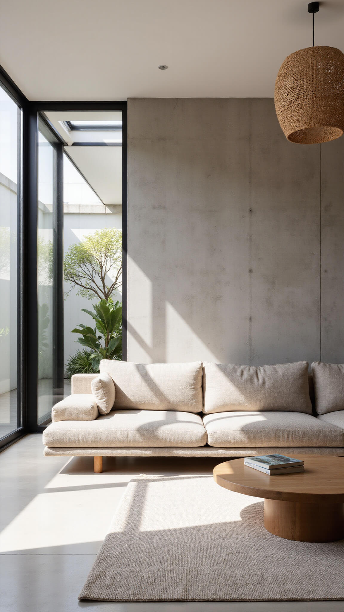 Japandi-style living room with greige sectional, concrete accent wall, rattan pendant lamp, and black-framed windows overlooking minimalist courtyard.
