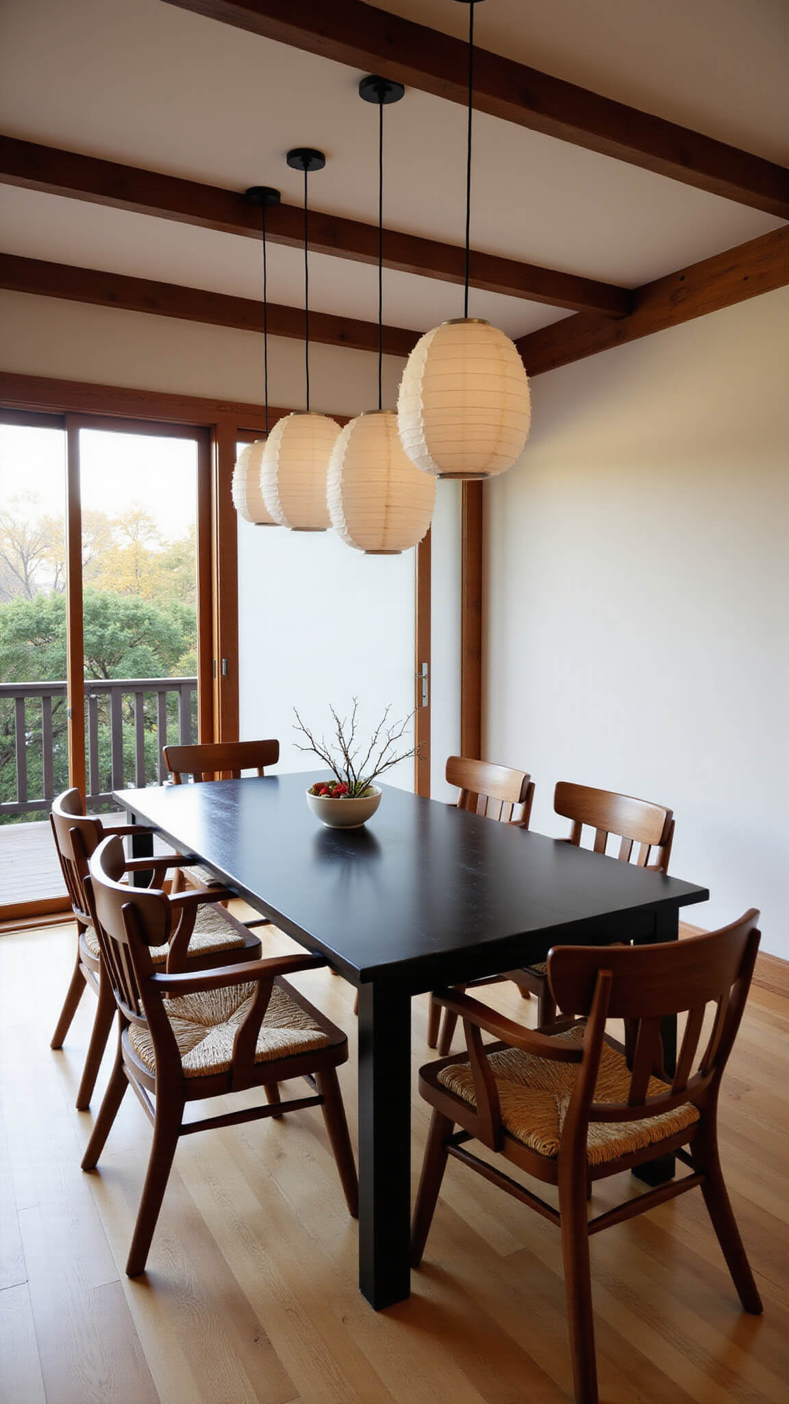 Modern dining room with exposed wooden beams, shoji screens, black oak table, paper lanterns, and wooden chairs with woven seats, shot at dusk from a corner angle.