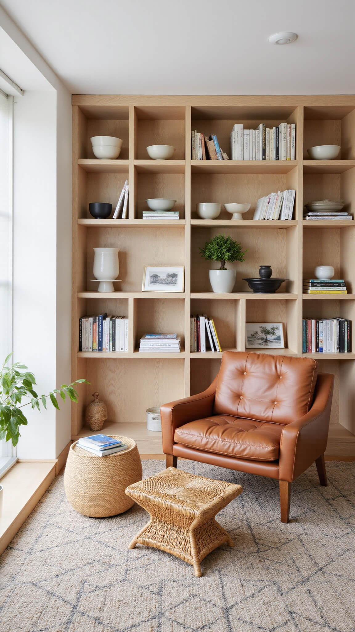 Compact Japandi den with bleached oak shelving, leather lounge chair, woven footstool, geometric rug, and potted bonsai in soft midday light.