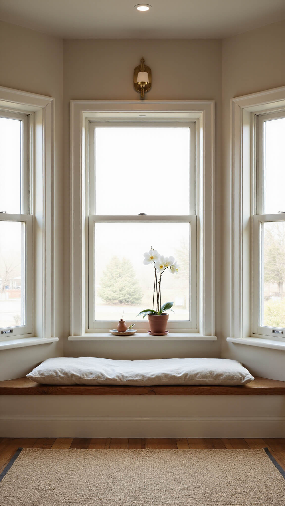 Zen-inspired meditation corner at sunrise with built-in bay window seating, floor cushions, grass mat, orchid in ceramic pot, and soft brass wall sconce lighting.
