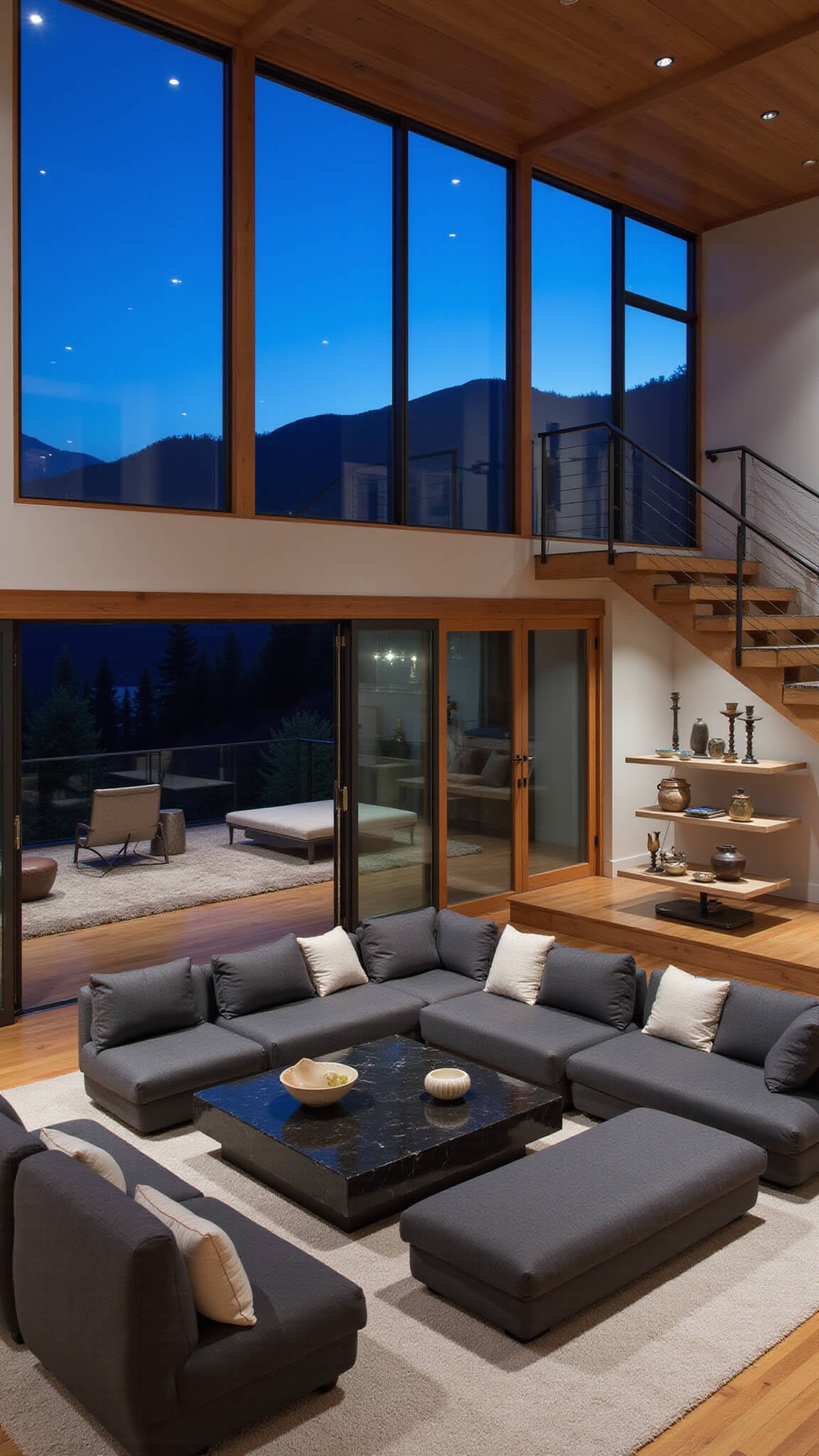 Japandi great room with mountain views, charcoal modular seating, black stone coffee table, floating wood staircase, and pottery on minimal shelves during blue hour.