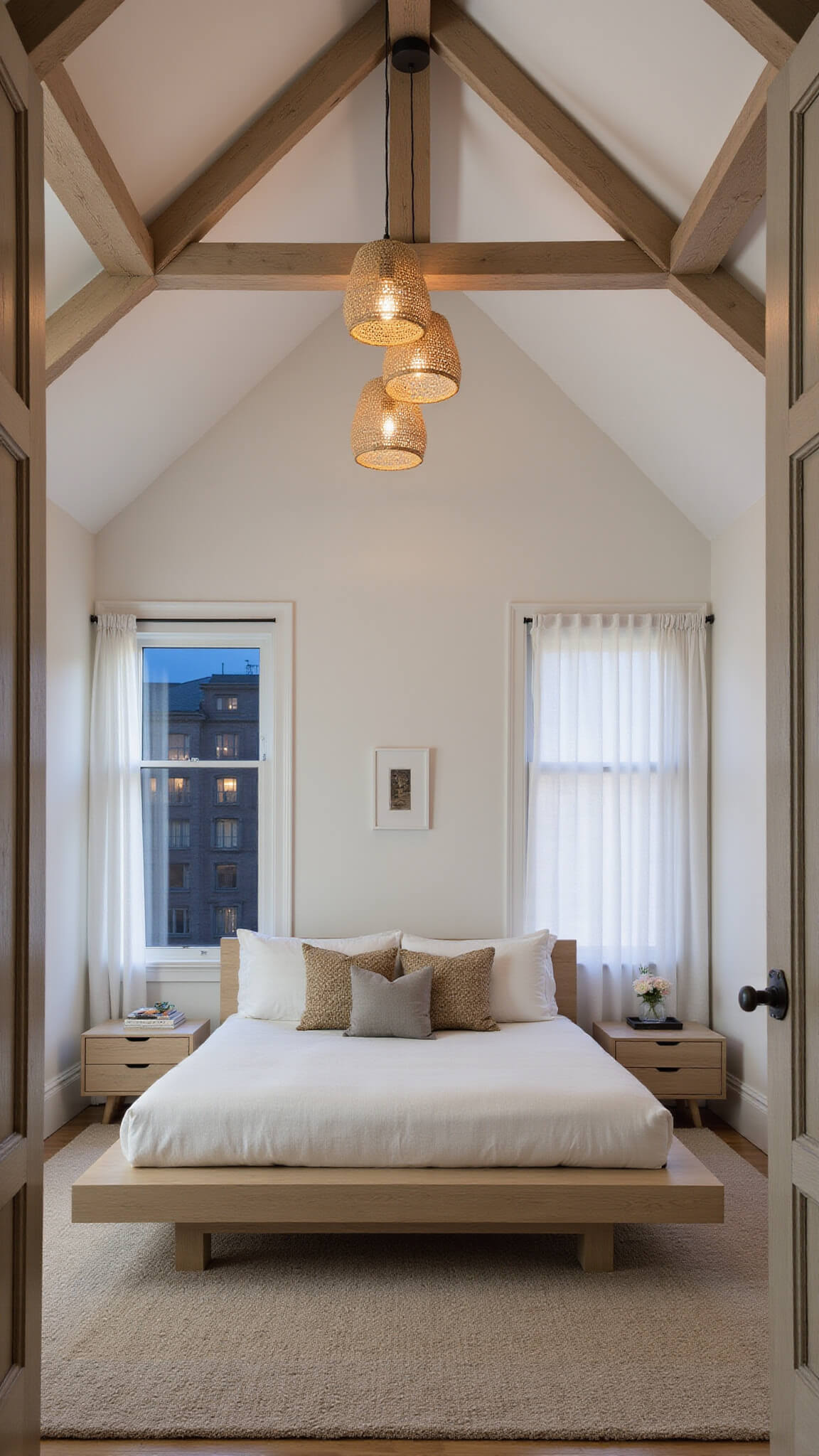 Contemporary master bedroom at twilight with vaulted ceilings, platform bed, asymmetrical rattan pendant lights, and sheer linen drapes filtering city lights.