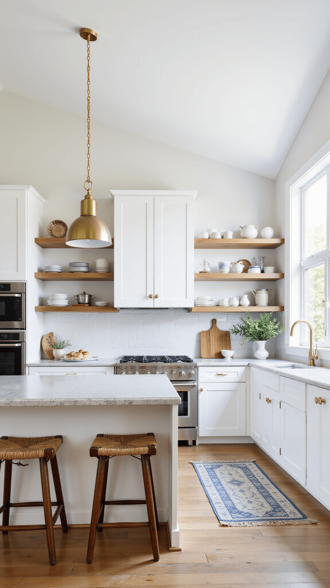 Open concept kitchen with white shaker cabinets, honed limestone counters, bleached oak floating shelves, rattan stools, muted blue vintage runner, brass fixtures, and white subway tile backsplash.