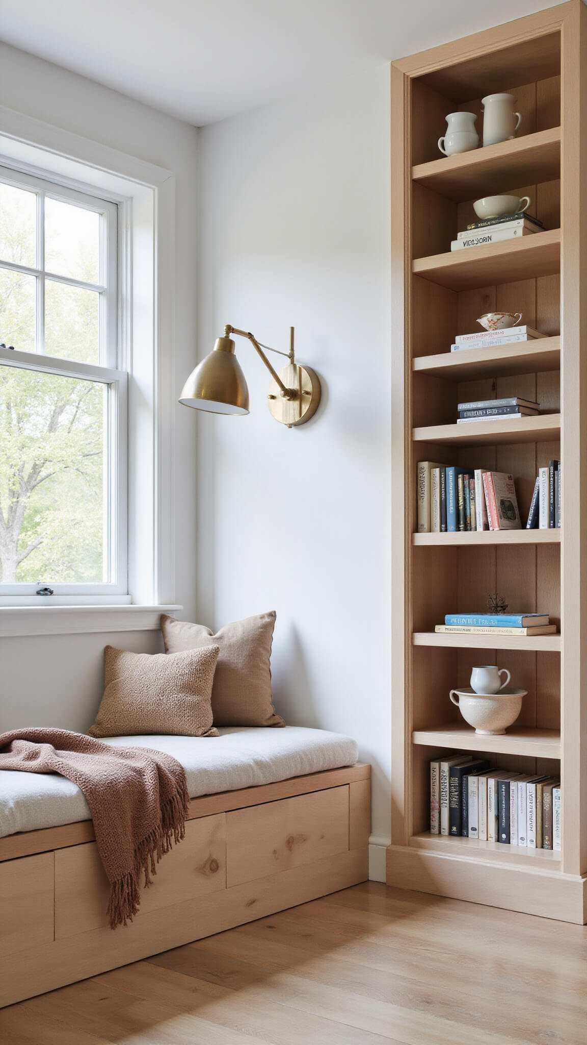 Minimalist 6x8ft reading nook with built-in window seat, floor-to-ceiling pale oak bookshelves, soft afternoon light, and cozy linen and wool textiles.