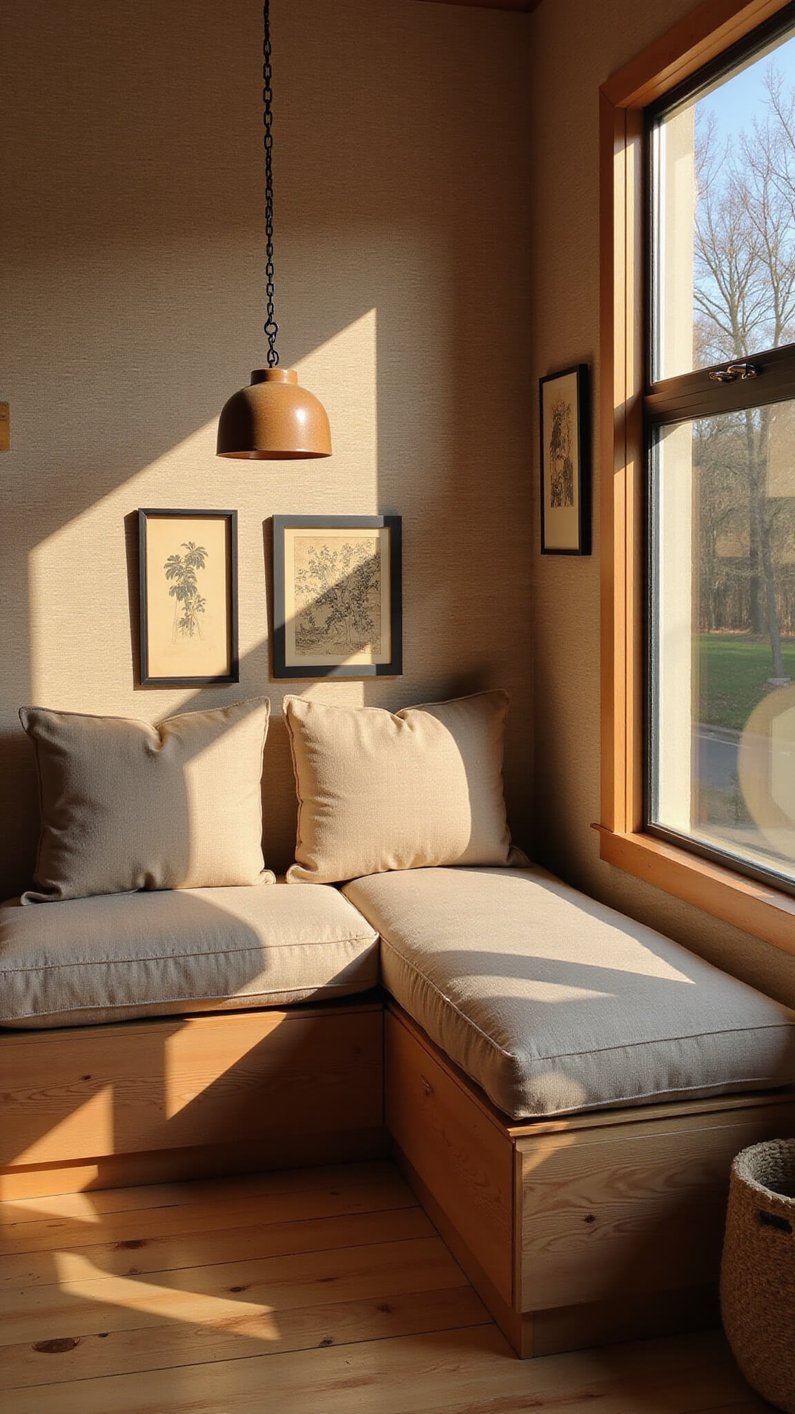 Japandi-style sitting room at sunset with taupe grasscloth wallpaper, linen banquette seating with storage, Japanese woodblock prints, and warm ceramic pendant lighting.