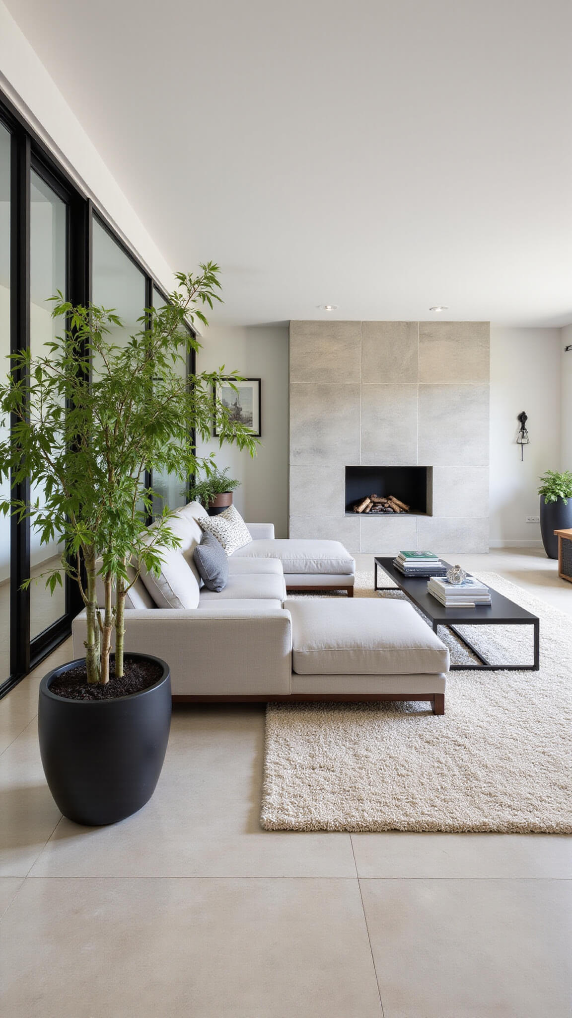 Japandi-style living room with grey sectional, limestone fireplace, cream rug, black metal dividers, and potted bamboo in natural morning light.