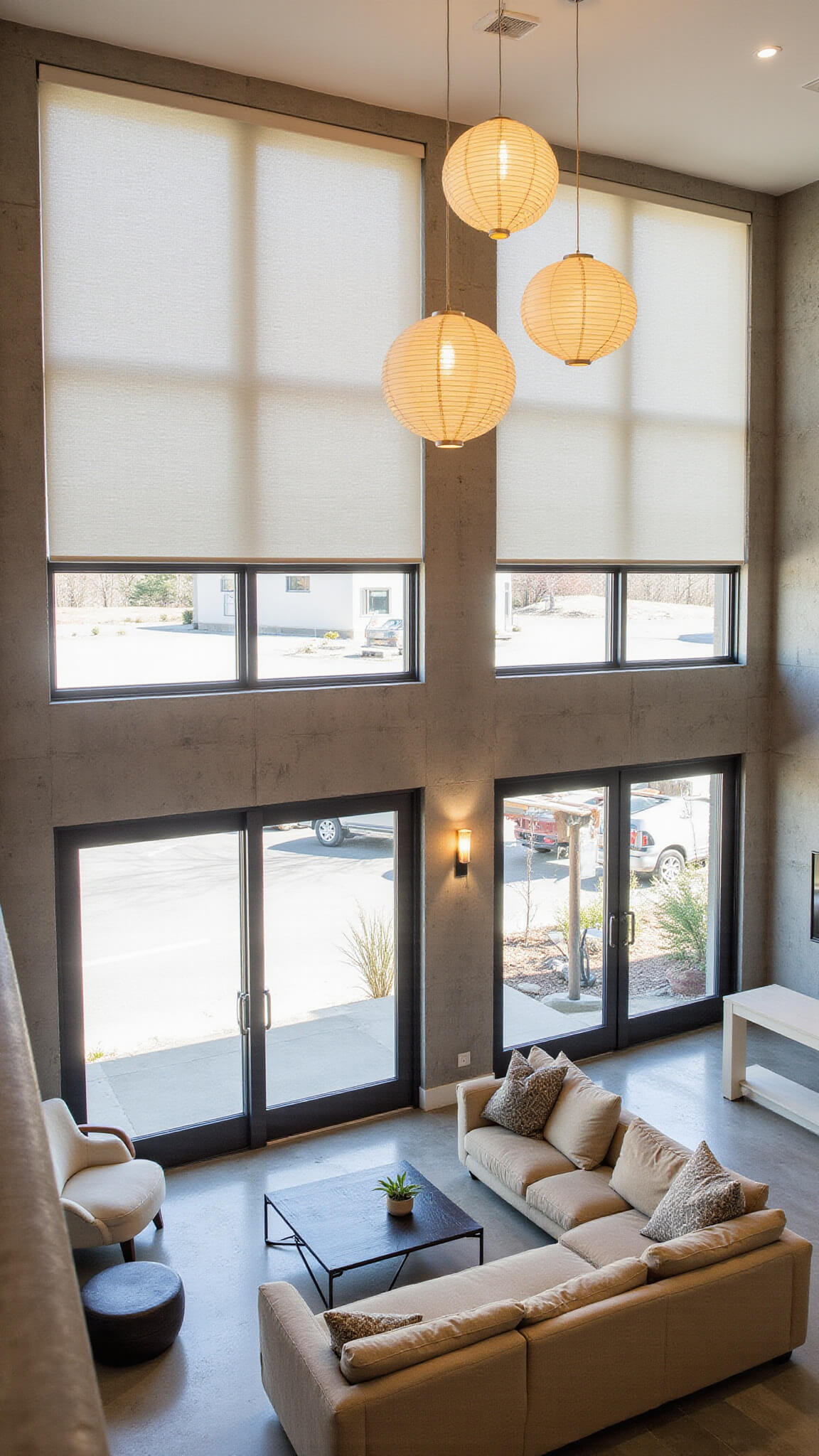 Midday view of a serene 15x20ft great room with double-height rice paper-screened windows, concrete walls, linen sectional, black metal coffee table, and three paper lanterns, shot from mezzanine level.