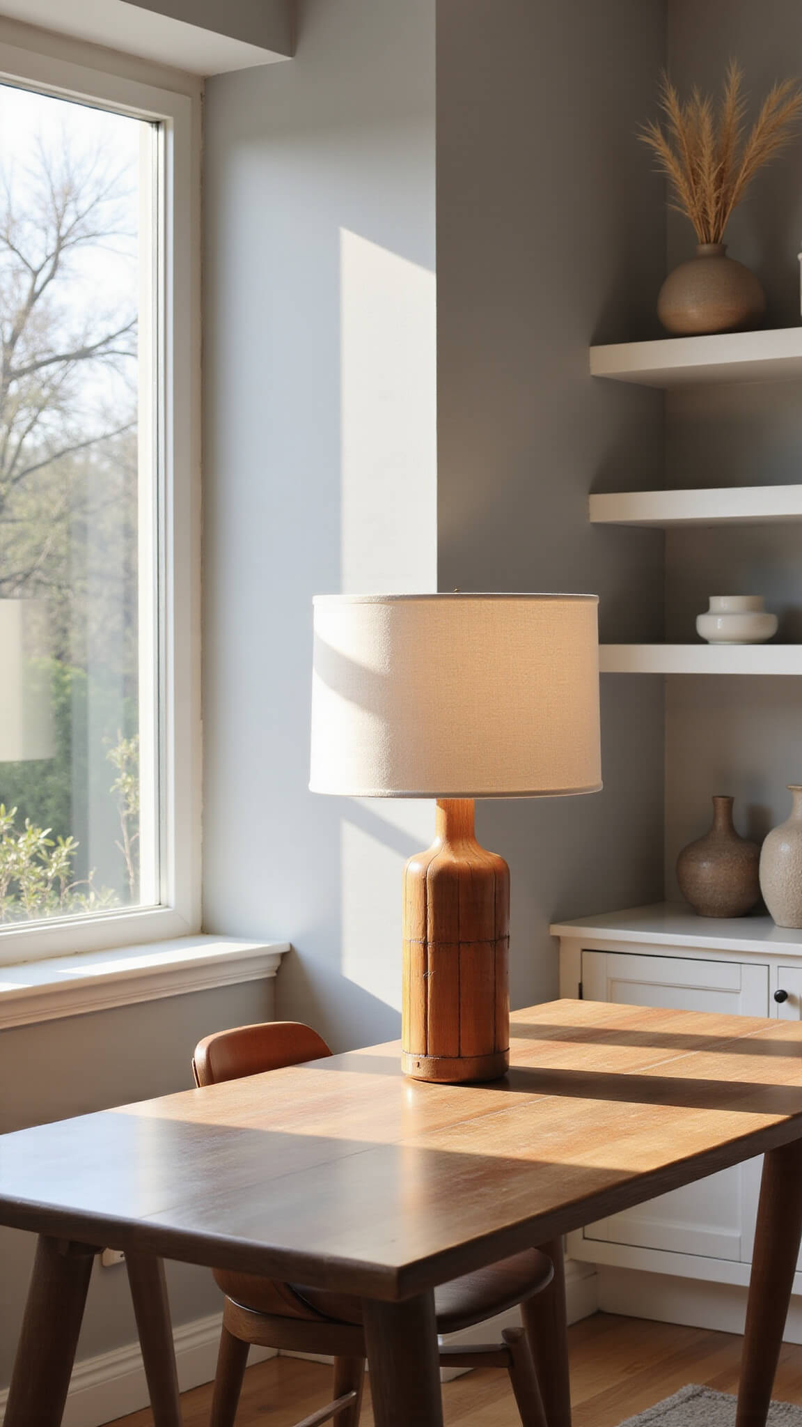 Minimalist Japandi-style home office with walnut desk and bamboo table lamp illuminated by afternoon sunlight through floor-to-ceiling windows.