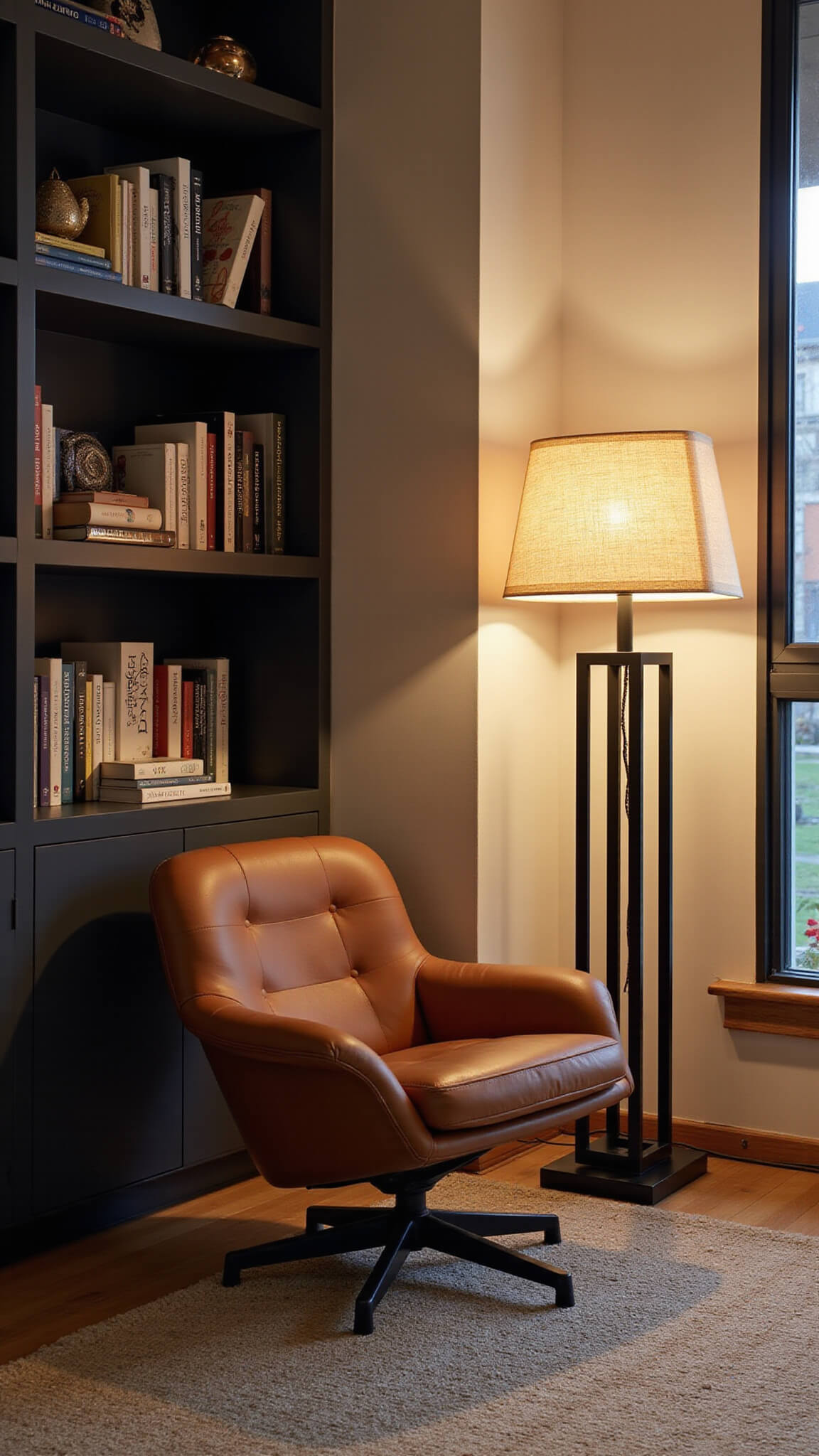 Cozy 10x12ft reading nook at dusk with leather armchair, Japandi floor lamp, oatmeal wool rug, and matte charcoal built-in bookshelves.