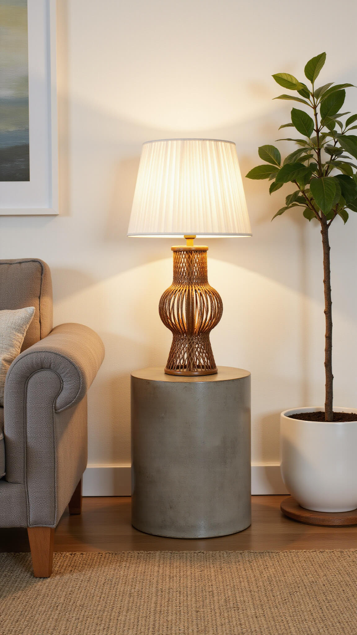 Japandi table lamp with woven bamboo base and pleated rice paper shade on concrete side table in modern greige living room at golden hour.