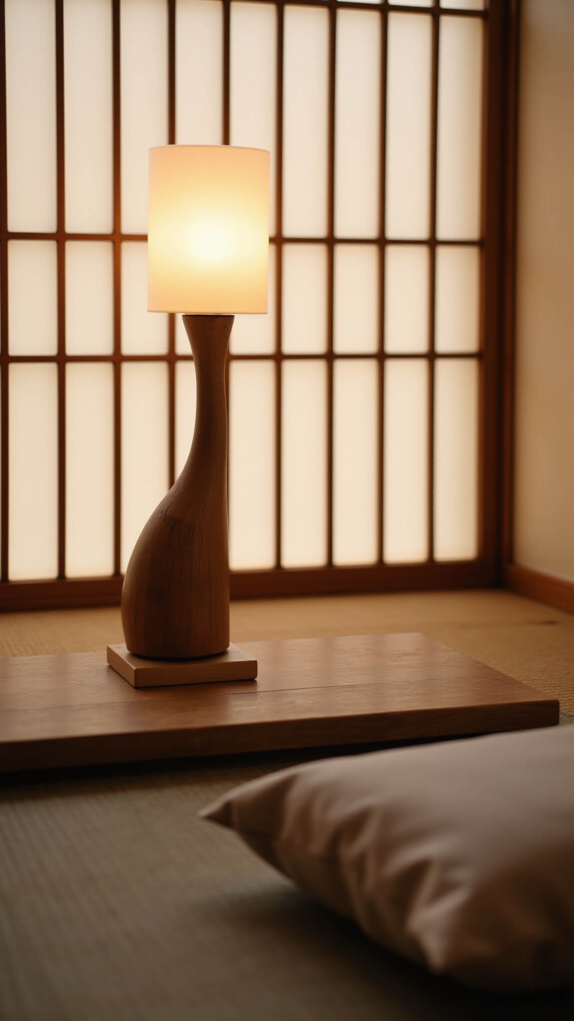 Close-up of a Japandi-style teak and frosted glass lamp on a low platform beside earth-toned zabuton cushions, with shoji screen filtering sunrise light in a minimalist meditation space.