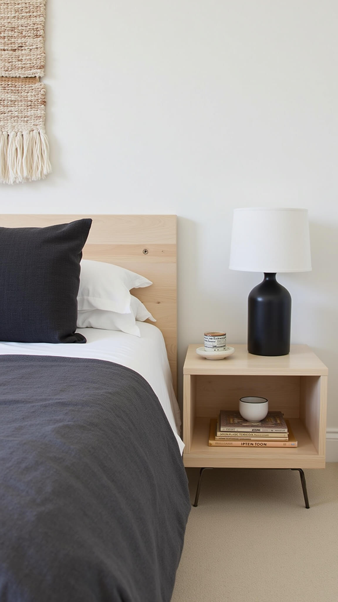 Contemporary 14x16ft bedroom with Japandi-style asymmetrical bedside lamps, bleached oak platform bed, charcoal linen bedding, and neutral-toned handwoven wall hanging.