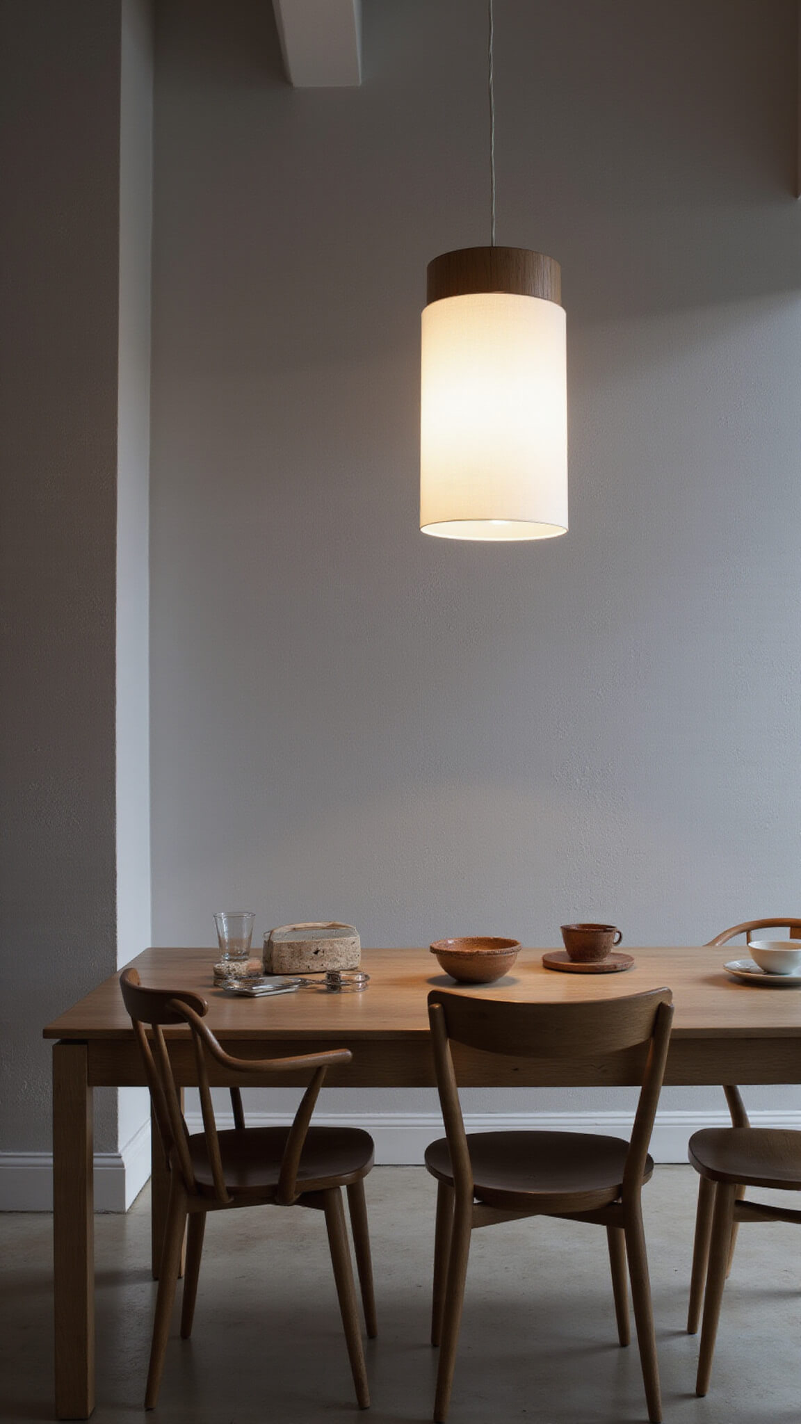 Scandinavian-style dining room at twilight with Japandi pendant lamp glowing over minimalist table and bentwood chairs.