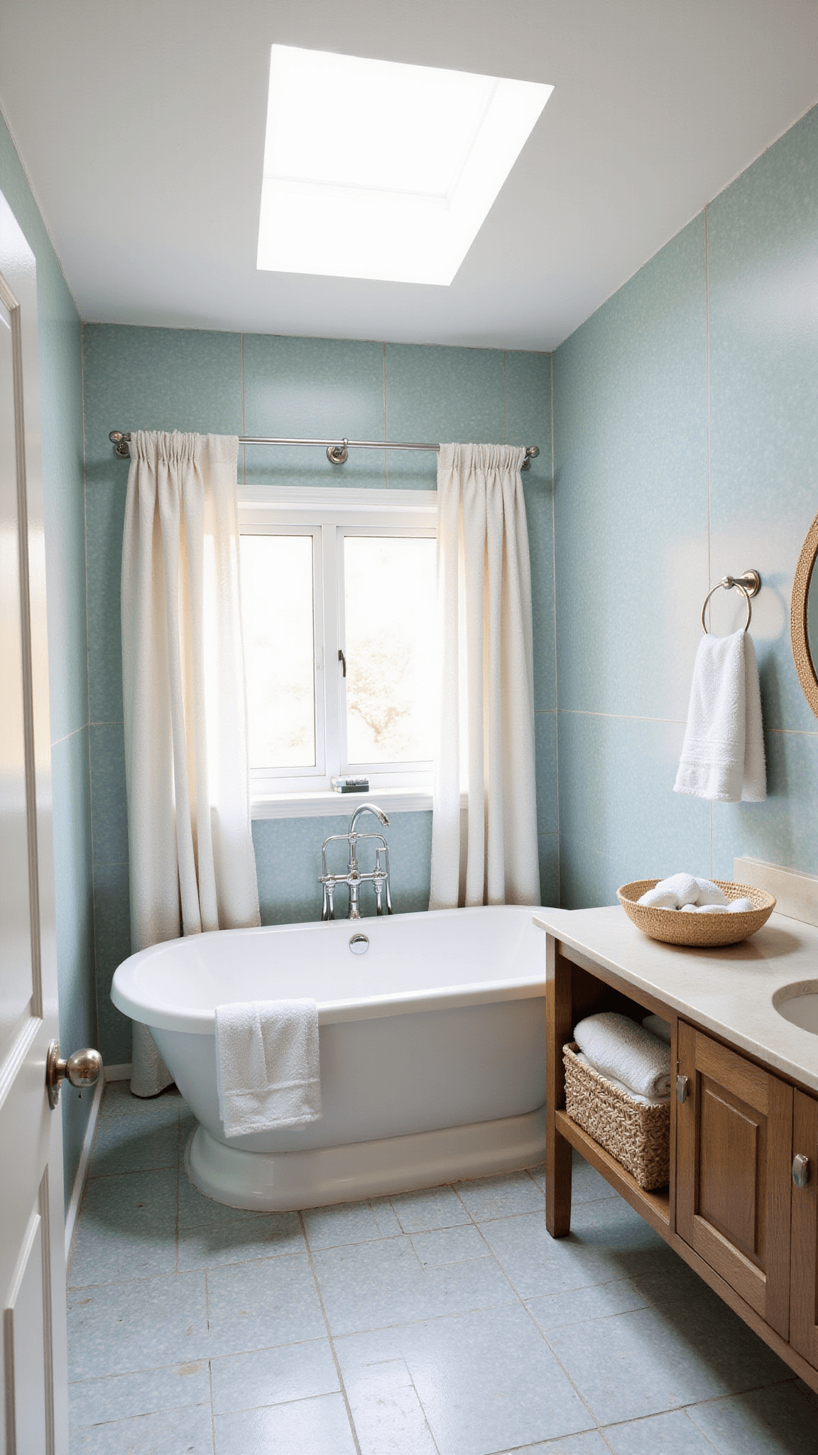 Tranquil bathroom with freestanding tub under skylight, pale blue cement tiles, floating oak vanity, and soft natural light.