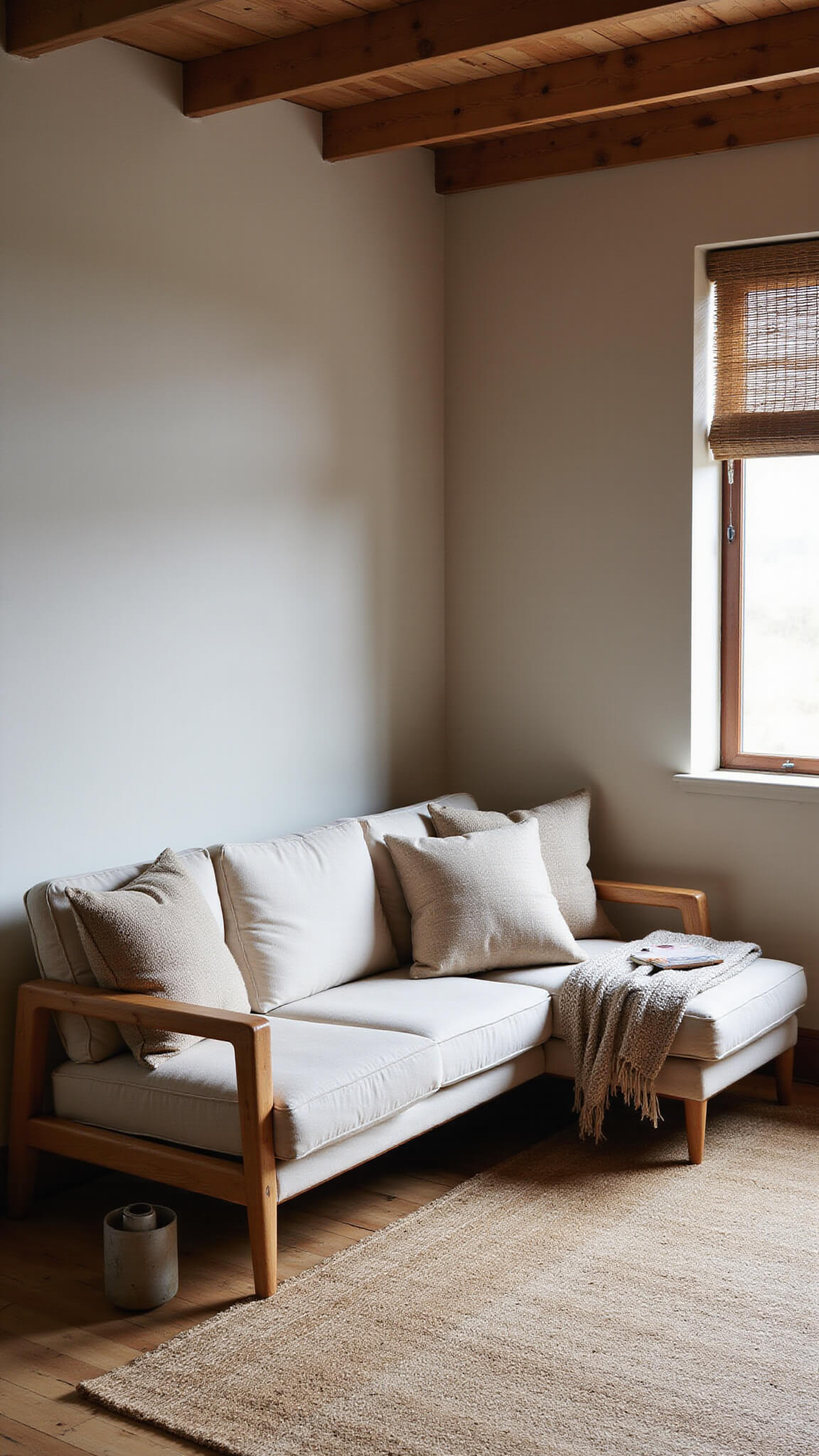 Intimate 15x18ft sitting area with Japandi linen L-shaped sofa, exposed wooden beams, and bamboo blinds filtering morning light; features layered natural textures like wool throws, handwoven cushions, and a sisal rug in muted earth tones.
