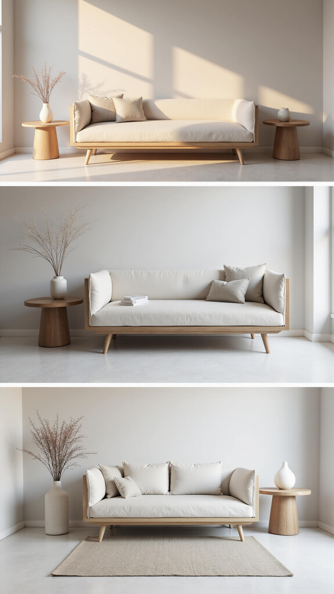Serene 18x20ft living space at dusk with a cream Japandi sofa, pale wooden side tables, ceramic vessels, and soft shadows on white and gray walls in monochromatic tones.