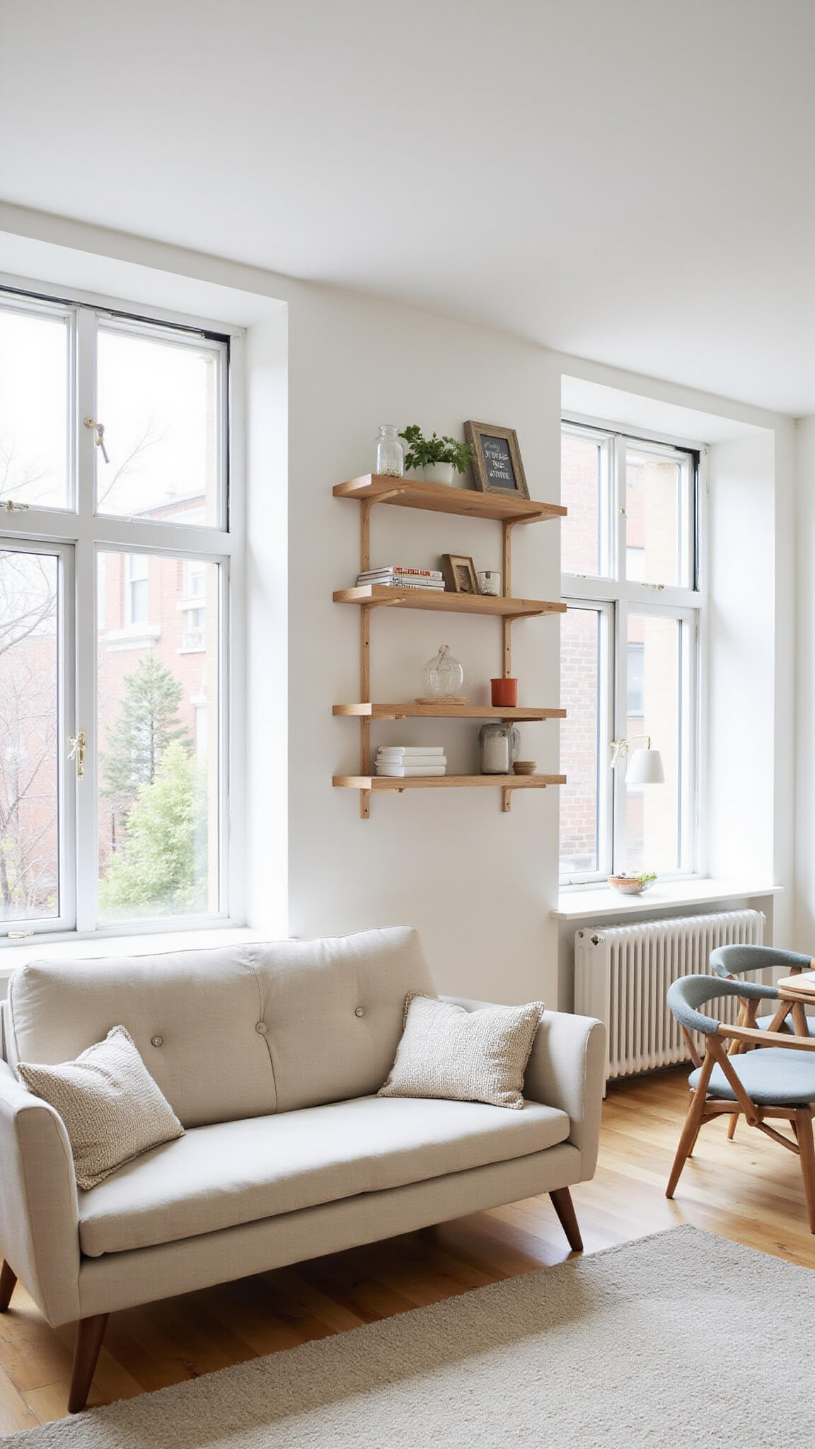 Cozy urban living room with a compact Japandi-style oatmeal linen sofa, floating shelves, and soft natural light in a 12x14ft space.