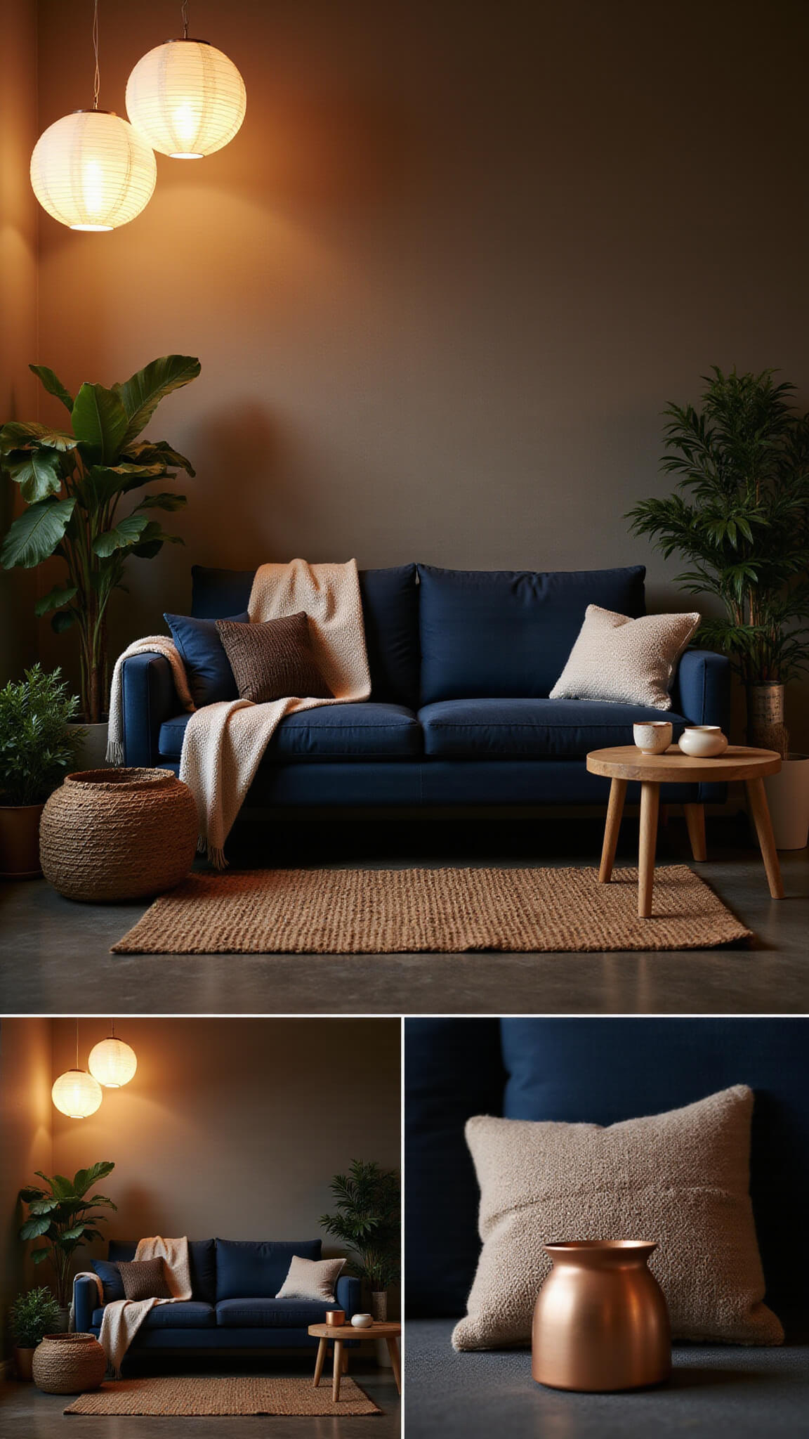 Moody evening living space with navy Japandi sofa styled with wool throws, handcrafted cushions, Japanese ceramics, and indoor plants under warm paper lantern lighting.