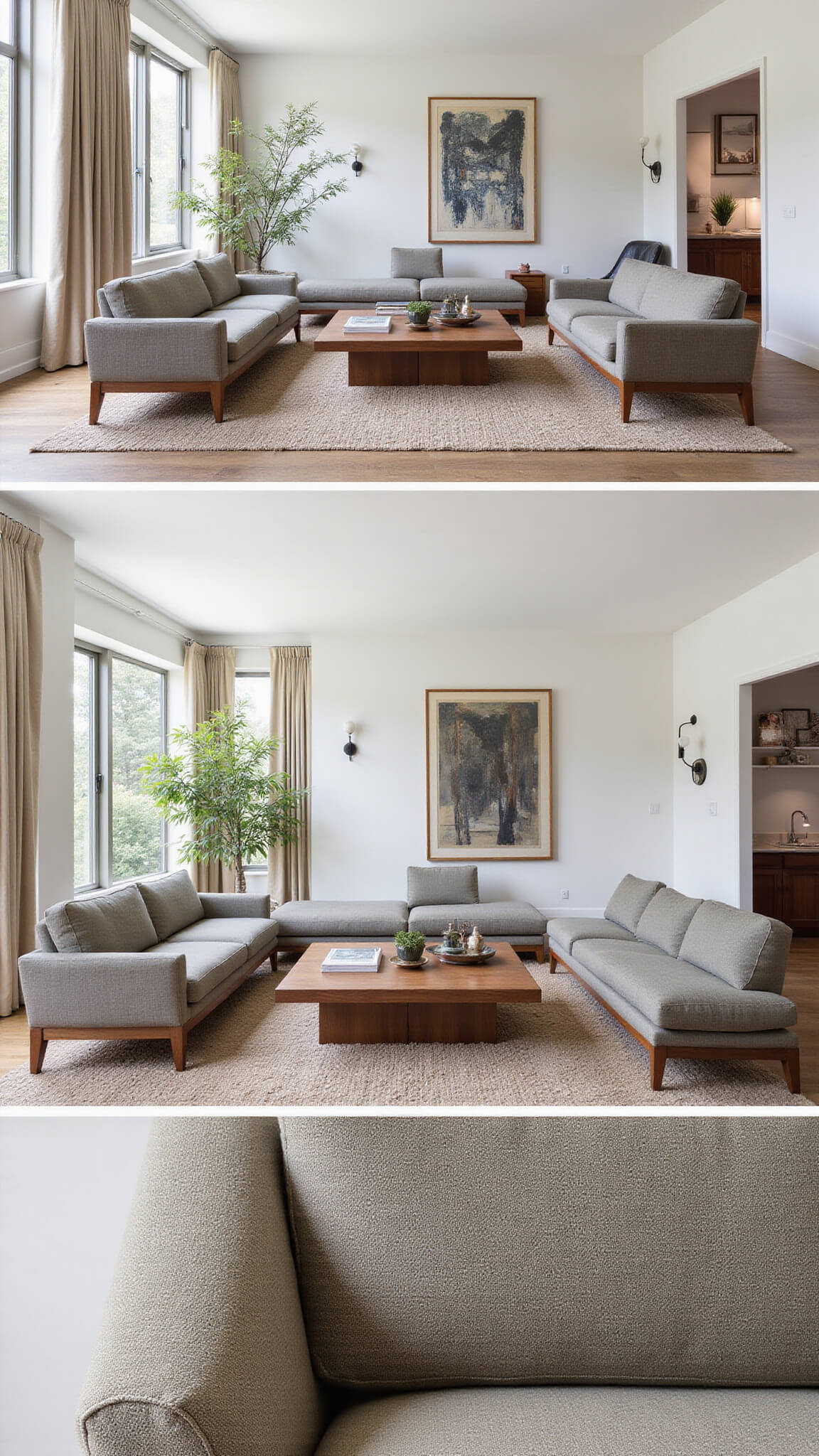 Sophisticated 20x25ft living room with natural light, featuring TEN Collection wool bouclé sofa, vintage Japanese accessories, and contemporary art.