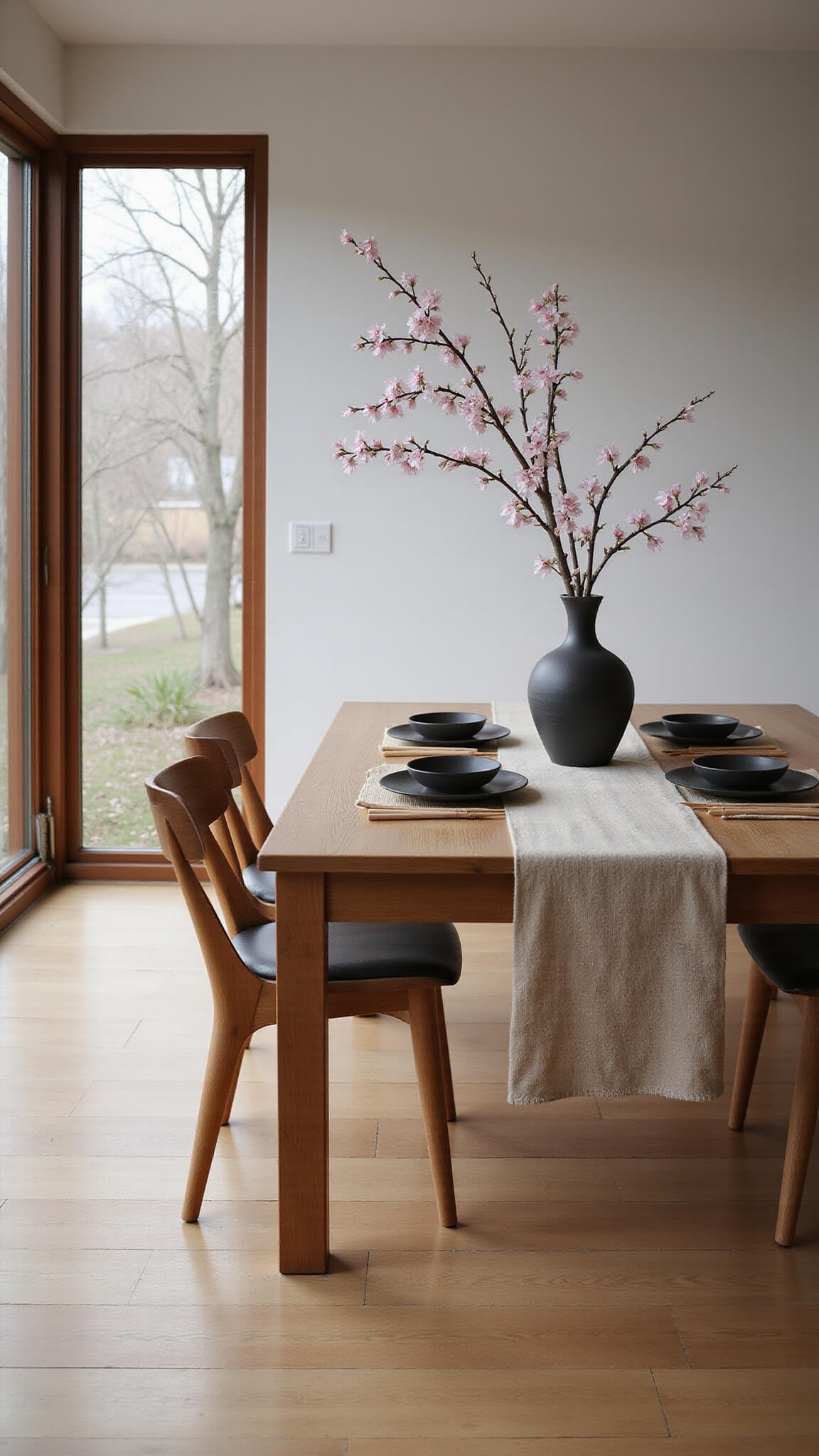 Minimalist Japandi dining room with morning light, oak flooring, wooden table, cherry blossom in ceramic vase, and soft shadows.