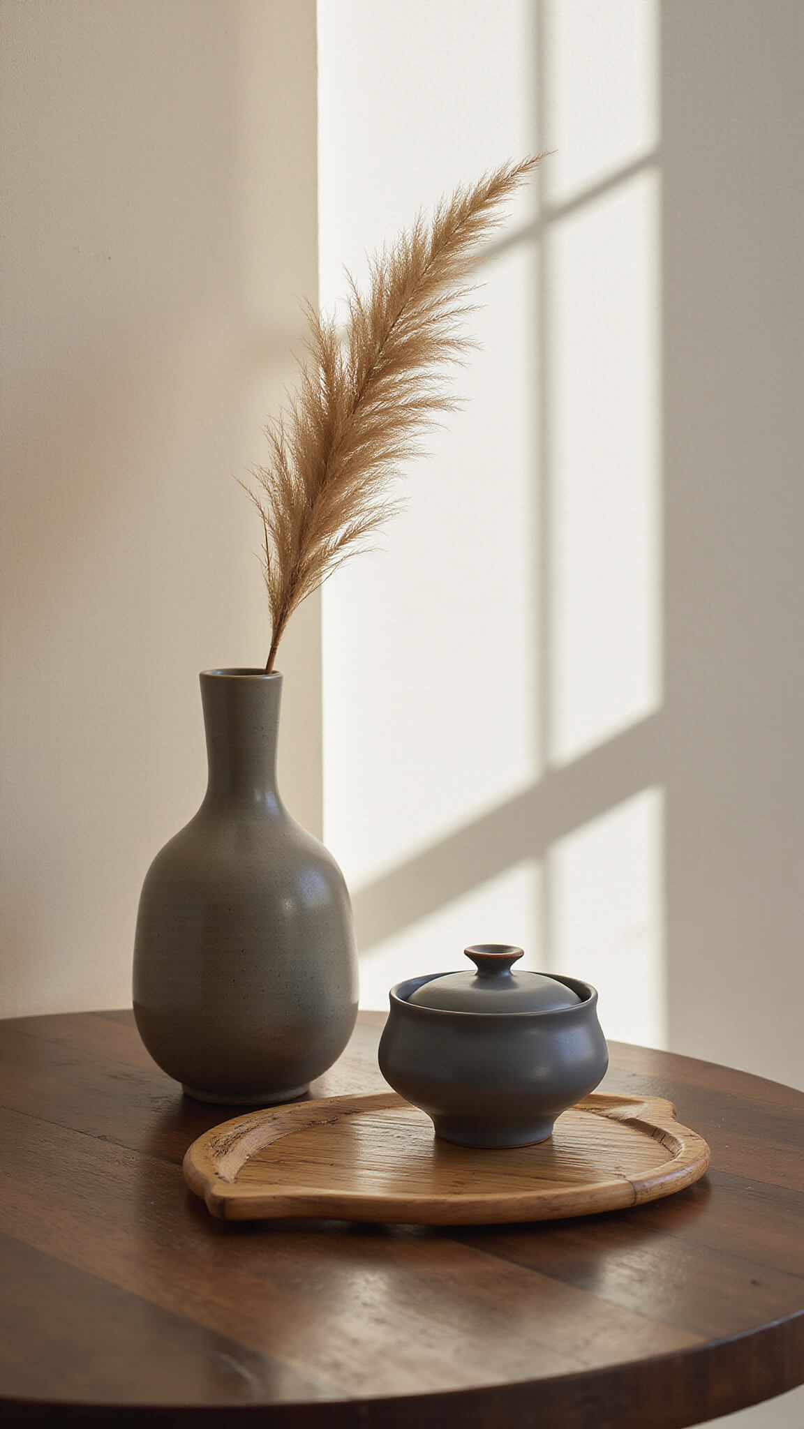 Minimalist breakfast nook with round walnut table, slate gray tea set on bamboo tray, pampas grass in tall vase, and soft afternoon light filtering through rice paper screen.