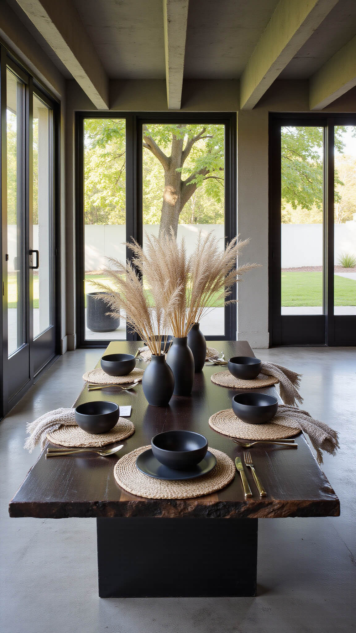 Modern zen dining room with black oak table, ceramic vessels, jute placemats, and floor-to-ceiling windows showcasing Japanese maple during golden hour.