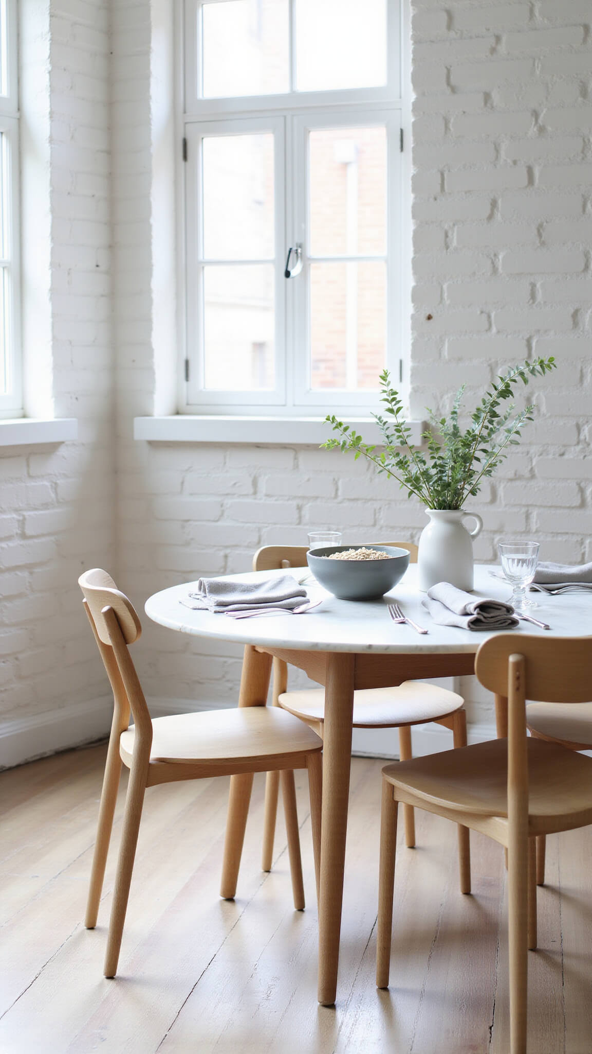 Scandinavian breakfast setup in bright corner dining area with marble table, ceramic bowl, linen napkins, and eucalyptus vase by sunlit industrial windows.