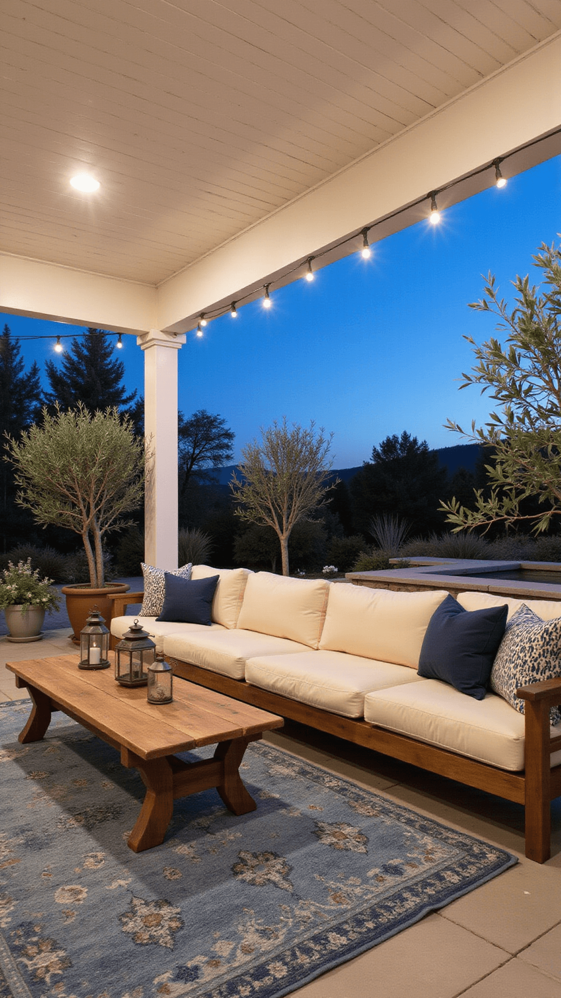 Covered patio with cream sectional, navy pillows, olive trees, vintage blue rug, teak coffee table, and string lights at dusk.