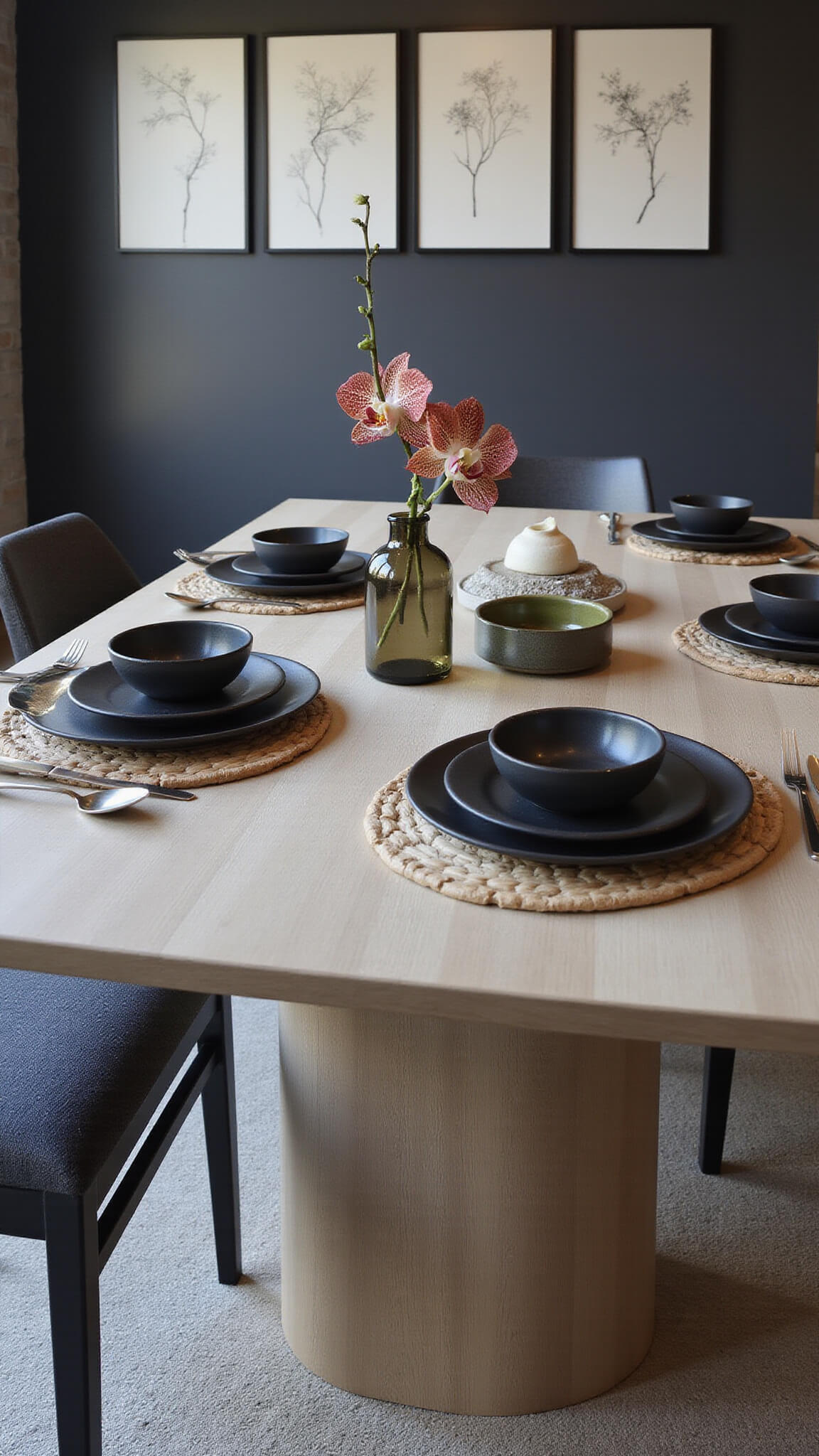 Modern dining room with bleached oak table, black ceramic plates, light wood chargers, and orchid in smokey glass vase under moody dusk lighting.