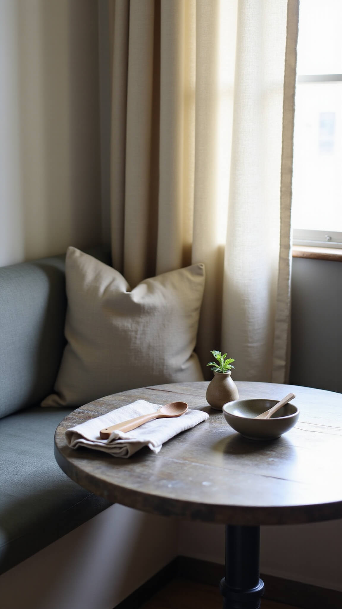 Cozy breakfast nook with built-in bench, blackened ash table set with ceramic bowl, wooden spoon, and linen napkin, lit by soft morning light through linen curtains; mint sprig in bud vase adds a fresh touch.