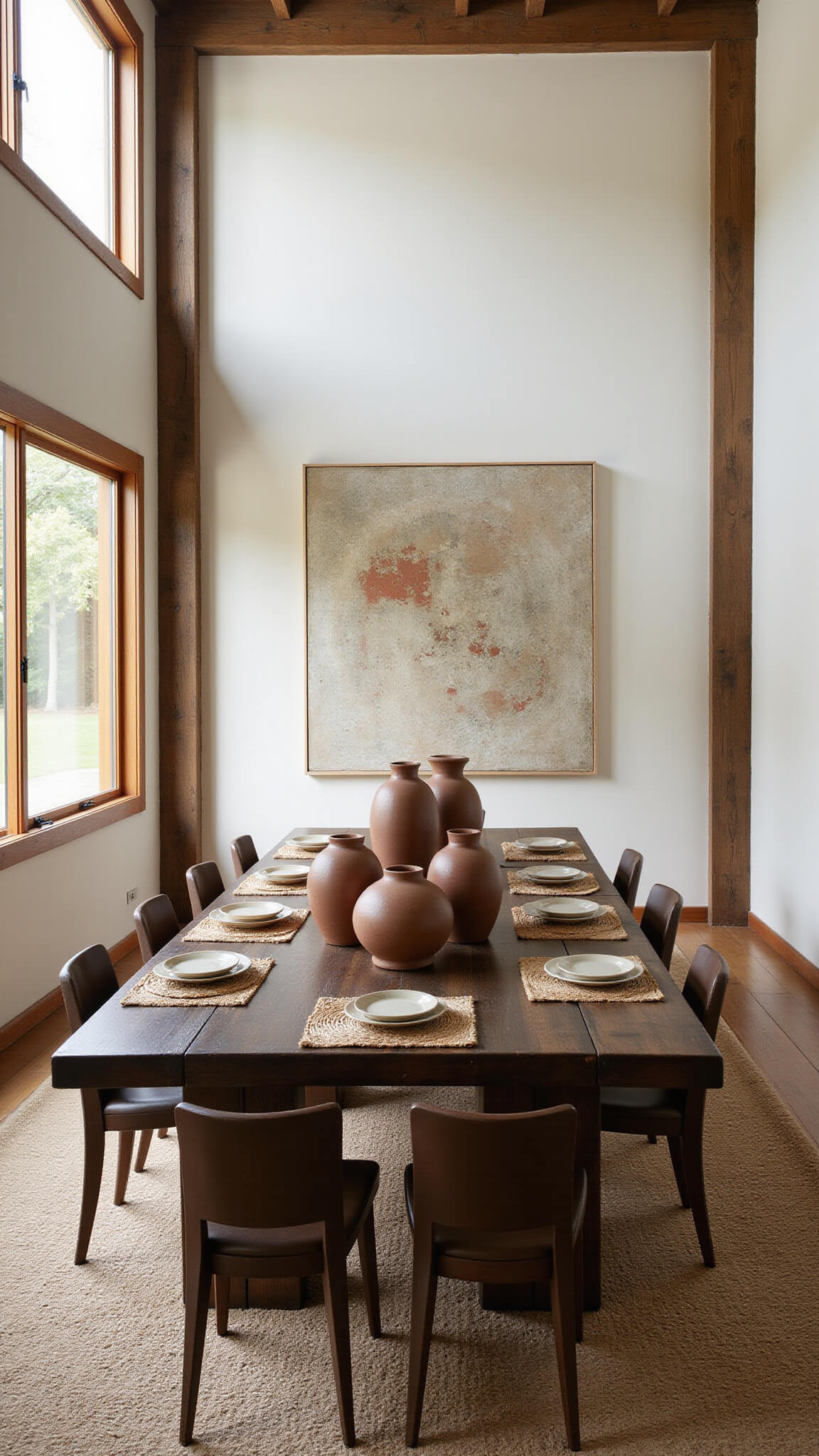 Rustic double-height dining space with reclaimed timber table, handmade pottery on reed placemats, and earthy ceramic vessels under natural skylight.