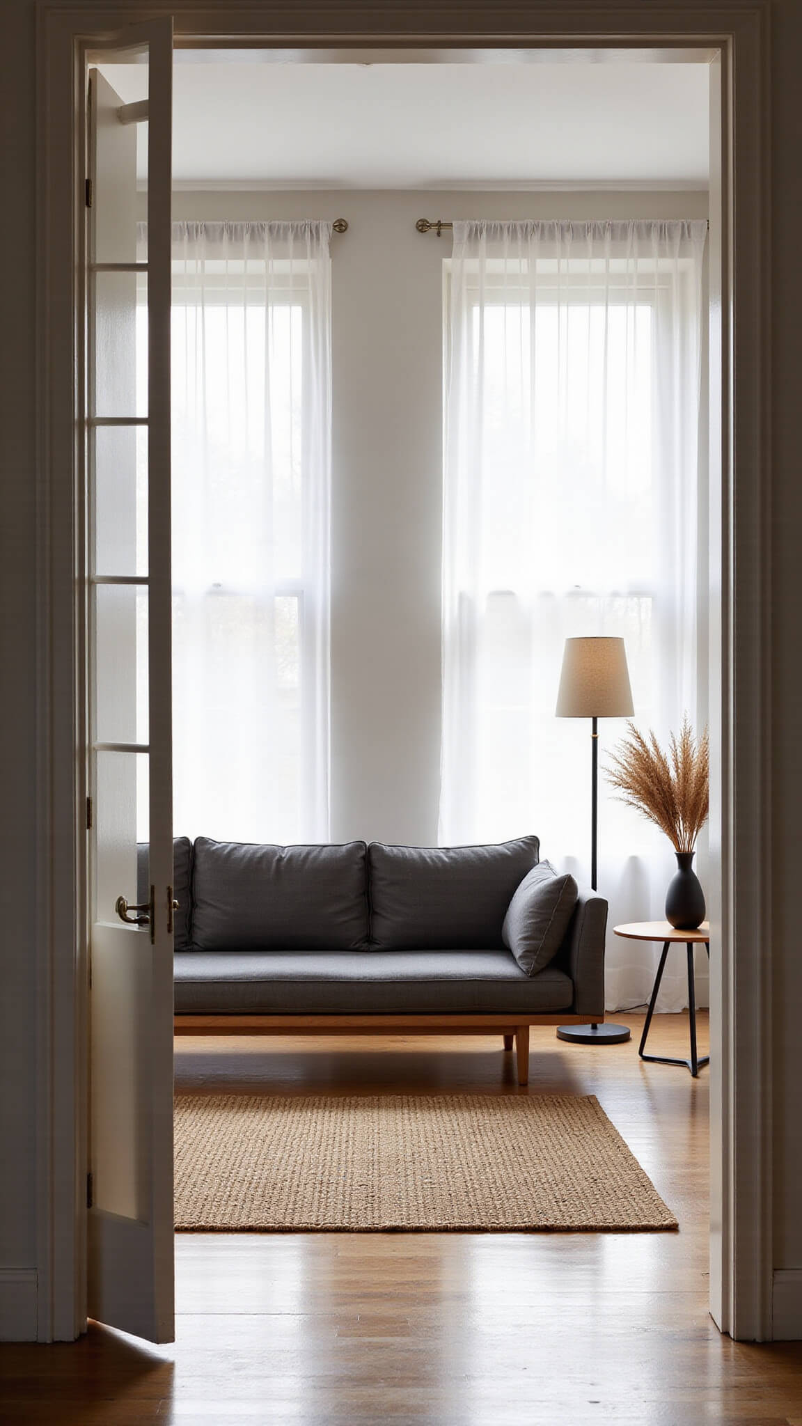 Minimalist living room at dawn with soft natural light, oak platform sofa, jute rug, sheer curtains, and bamboo side table with pampas grass.