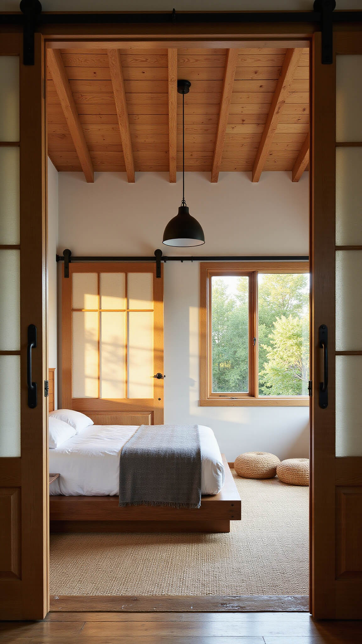 Japandi bedroom with walnut platform bed, white linens, shoji doors, exposed beams, and golden light through rice paper screens.