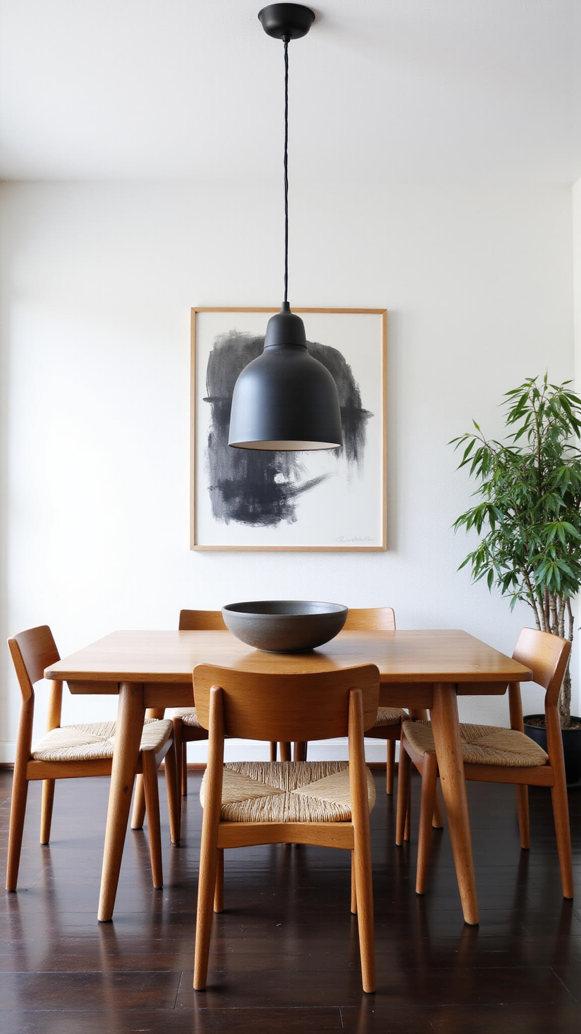 Intimate dining room with oak table, rush-seat chairs, matte black pendant lights, and charcoal artwork, lit by soft northern light.