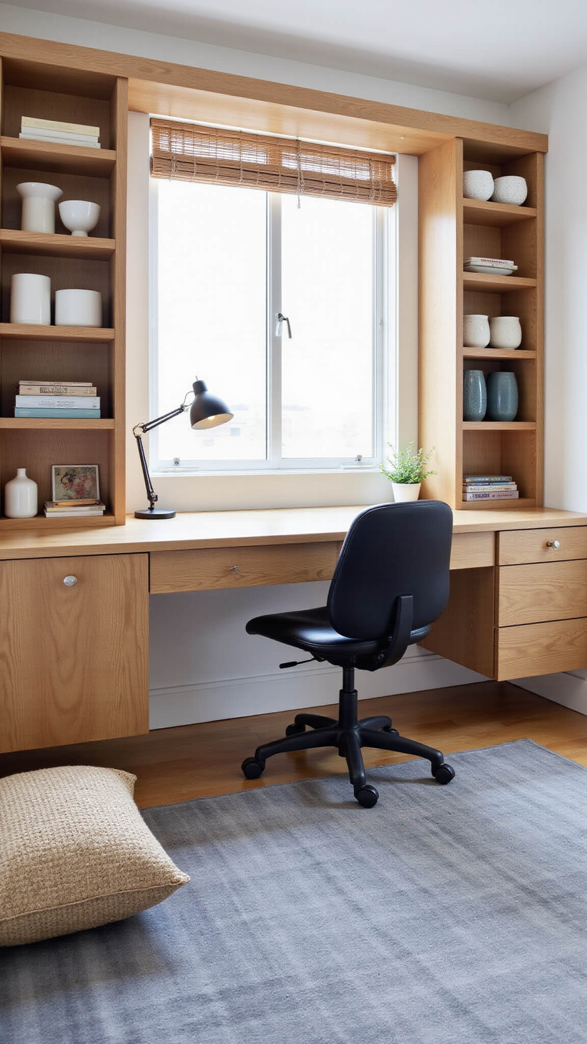 Zen-inspired compact home office with built-in oak shelving, floating desk, and minimalist decor in soft morning light.