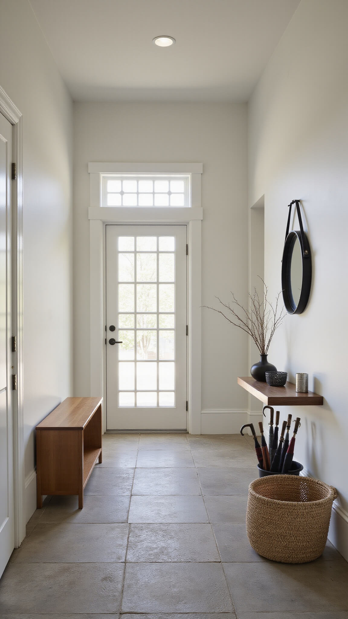 Minimalist entryway with wooden shoe bench, round black mirror above floating shelf with ikebana, warm gray stone tiles, gridded window casting afternoon light patterns, and handwoven umbrella basket.