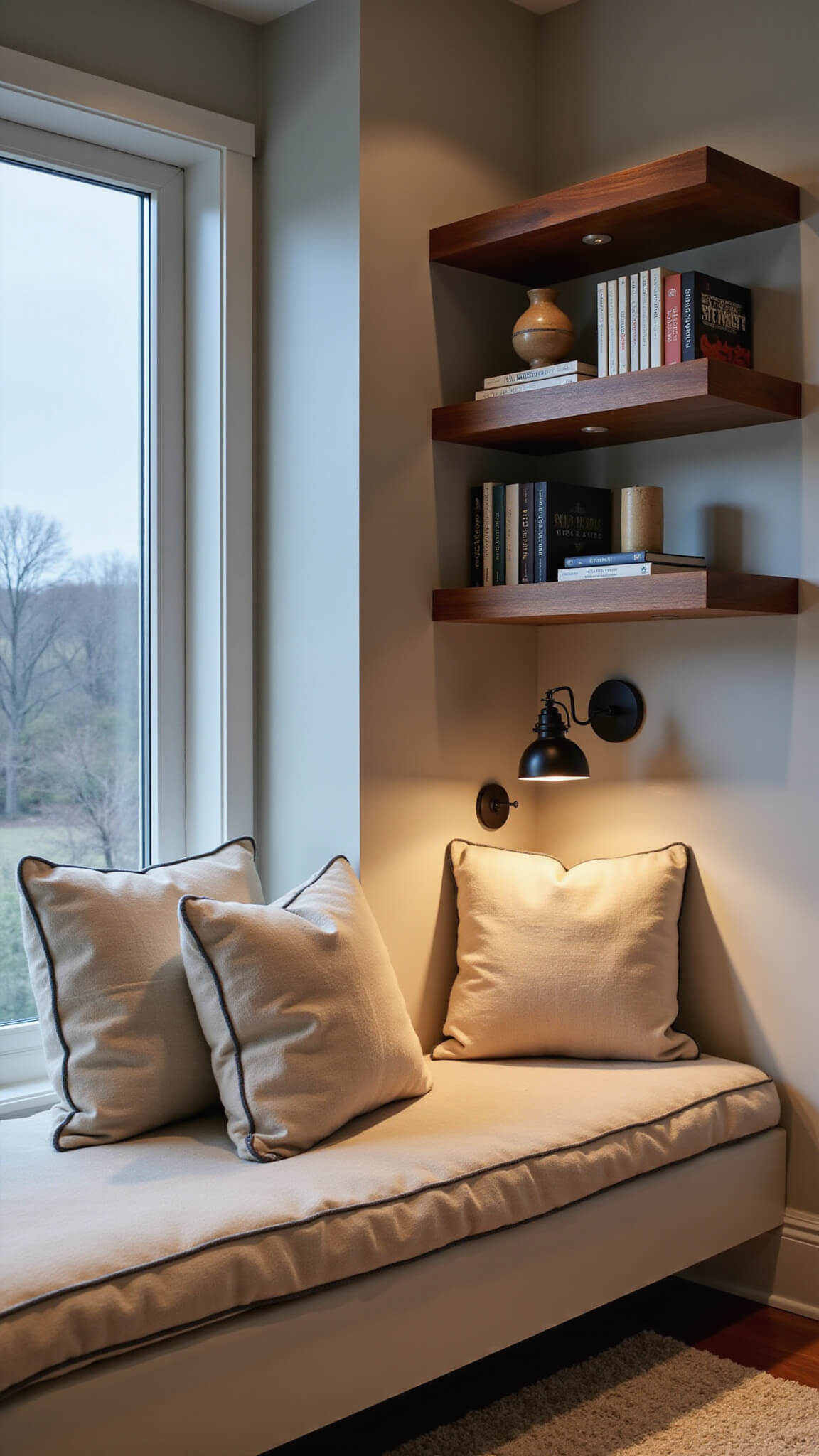 Cozy twilight reading nook with panoramic window seat, oatmeal cushions, floating shelves of books, and soft geometric wool carpet.