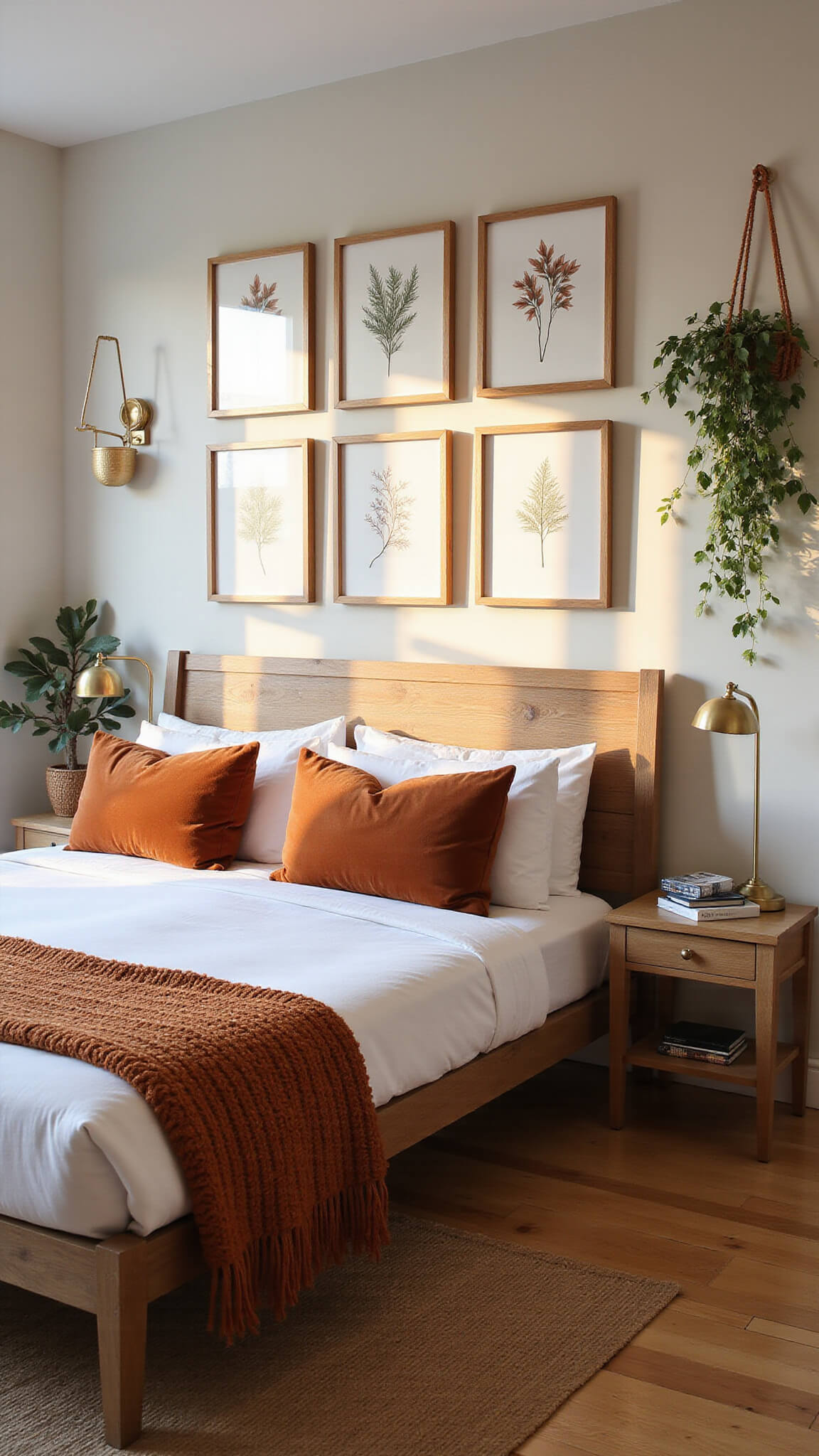 Cozy sunlit bedroom with botanical prints above an oak bed, burnt orange pillows, warm textiles, and natural decor in golden hour light.