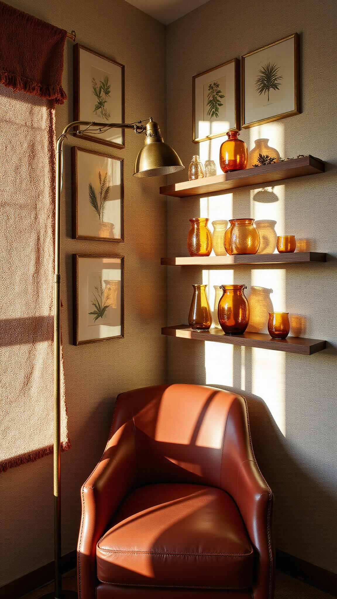 Rust leather armchair in cozy reading nook with vintage botanical prints, amber tapestry, brass lamp, and textured decor in warm afternoon light.